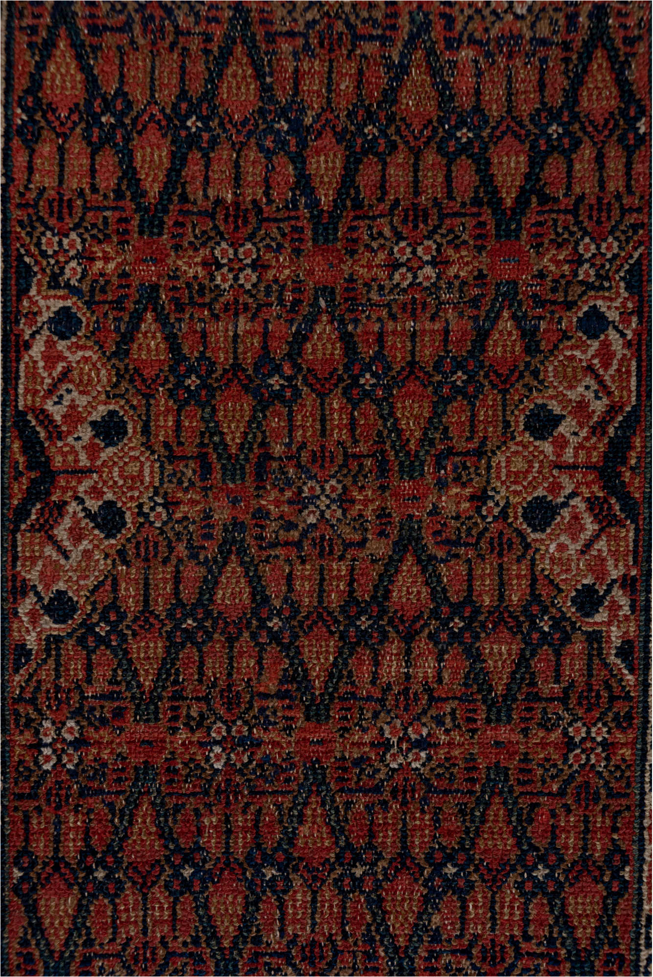 2' x 15' one-of-a-kind handmade vintage Cam Hamadan runner rug. Color palette: brown, gray, off-white, pink, red, redwood