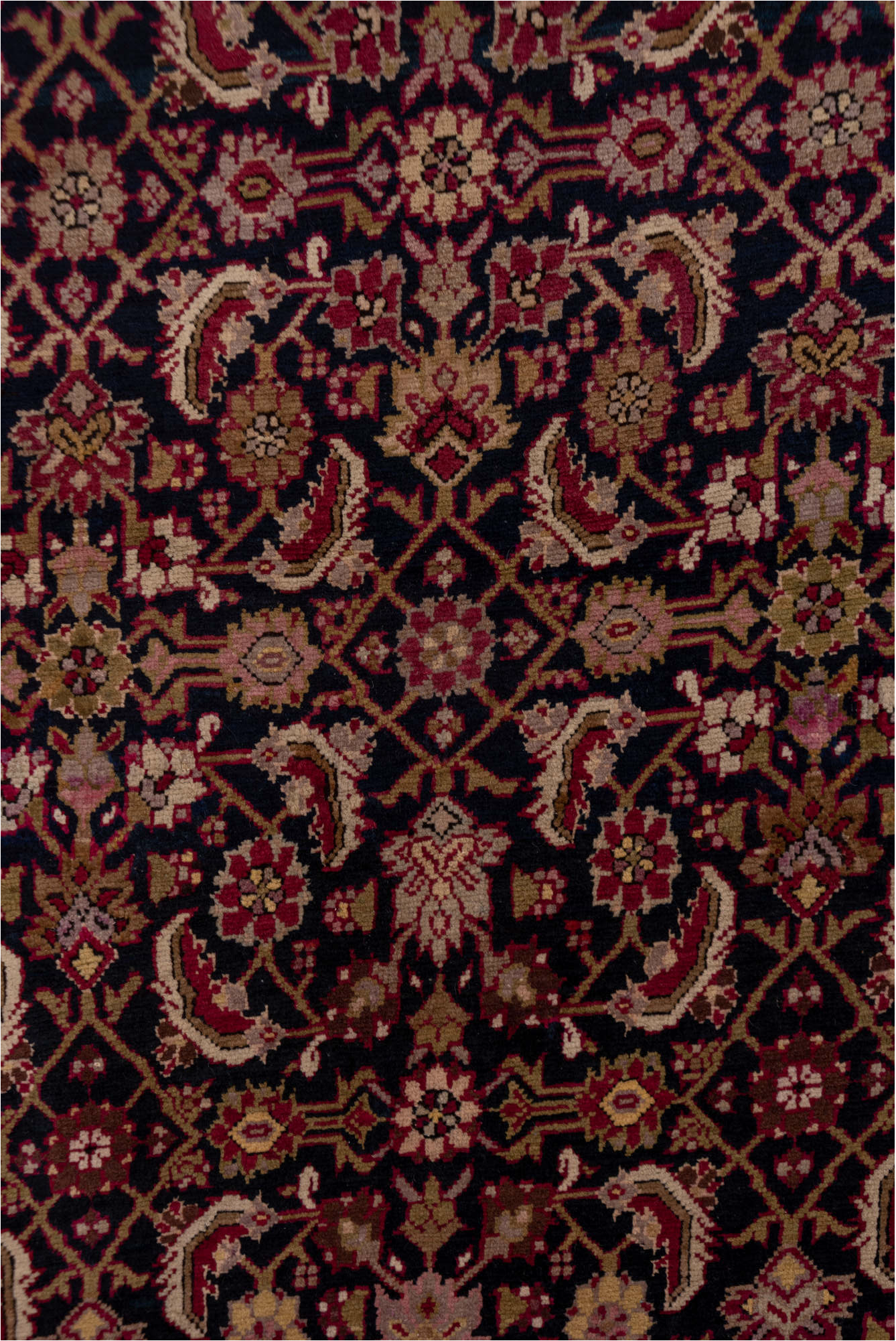 3' x 18' one-of-a-kind handmade vintage Karabagh runner rug. Color palette: black, brown, gray, off-white, pink, red, snow