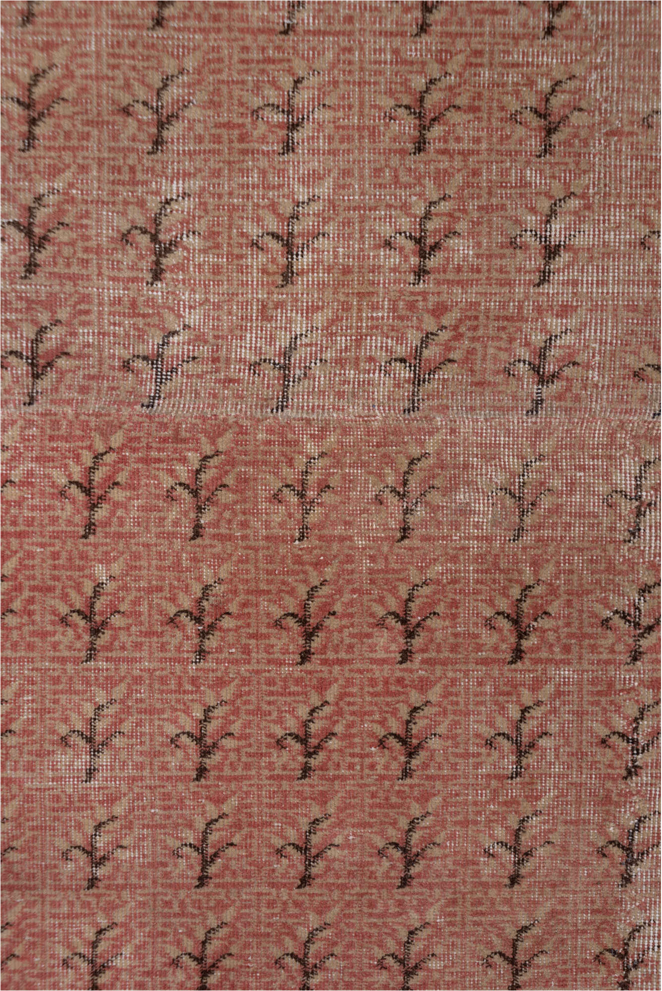 2' x 16' one-of-a-kind handmade vintage Oushak runner rug. Color palette: brown, gray, off-white, pink, red, redwood, snow