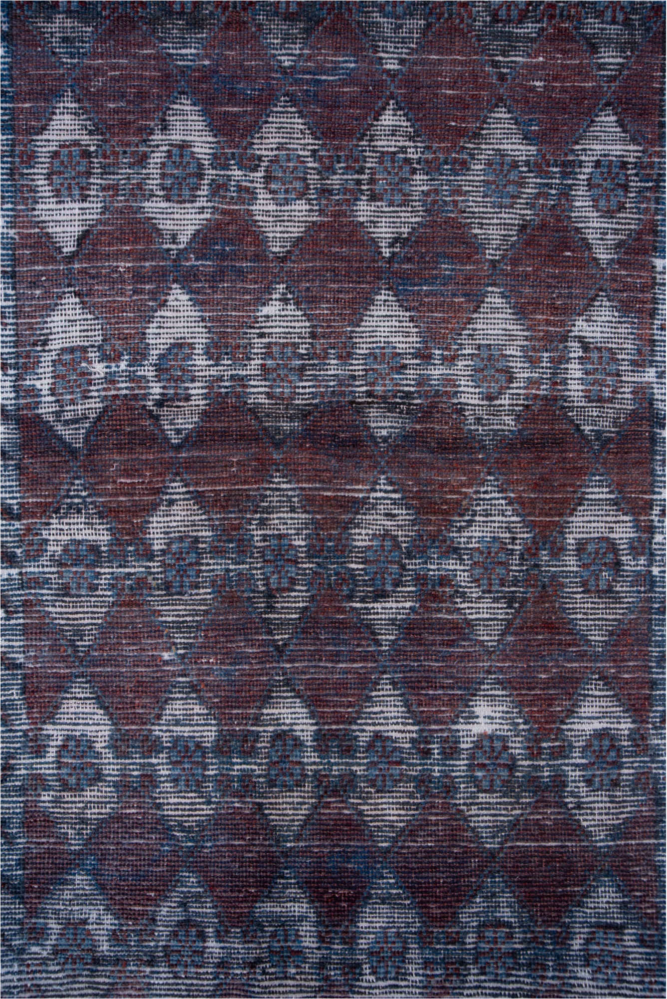 3' x 8' one-of-a-kind handmade vintage Overdyed runner rug. Color palette: blue, brown, gray, light blue, light gray