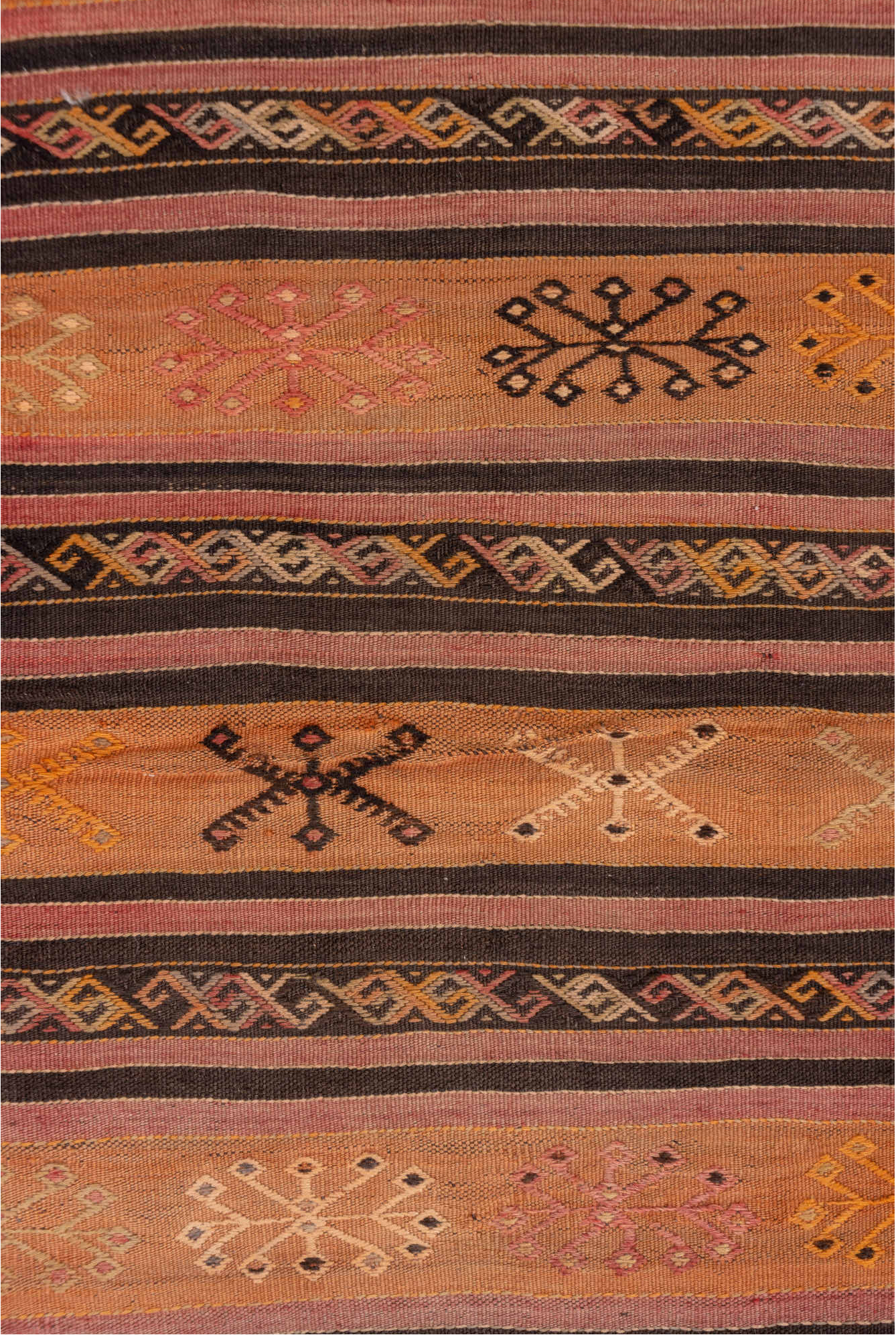 2' x 8' one-of-a-kind handmade vintage Kilim runner rug. Color palette: black, brown, gray, pink