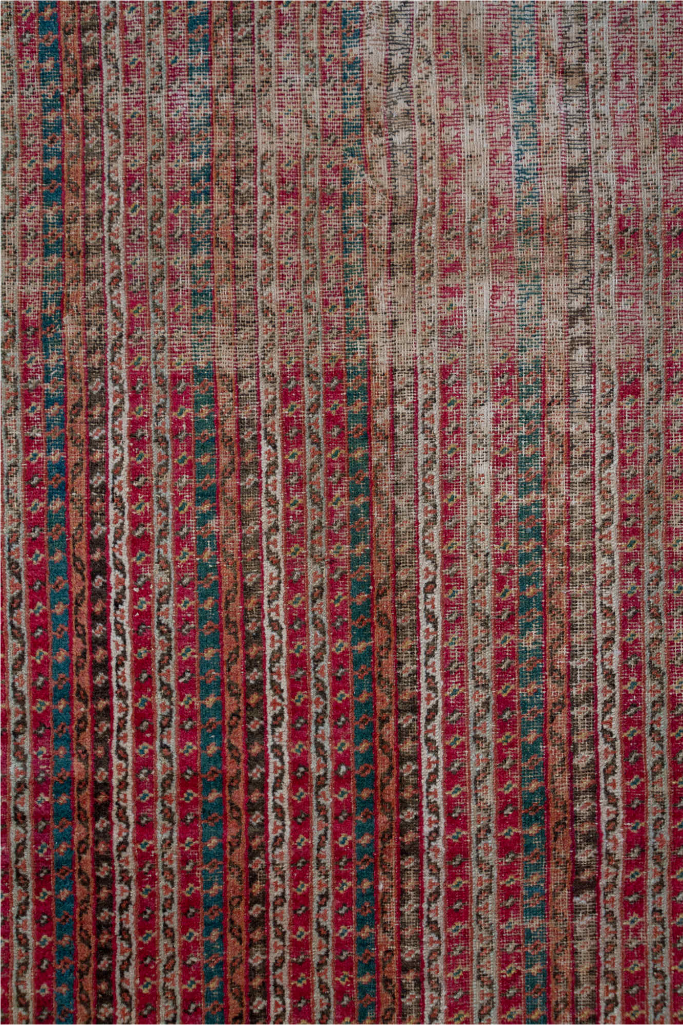 6' x 12' one-of-a-kind handmade vintage Ghordes large size rug. Color palette: black, blue, brown, charcoal, gray, pink, red