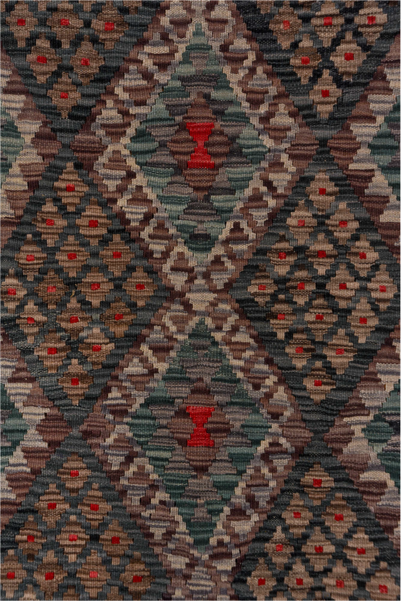 6' x 7' one-of-a-kind handmade vintage Kilim rug. Color palette: black, brown, burgundy, charcoal, dim gray, gray, pink, red