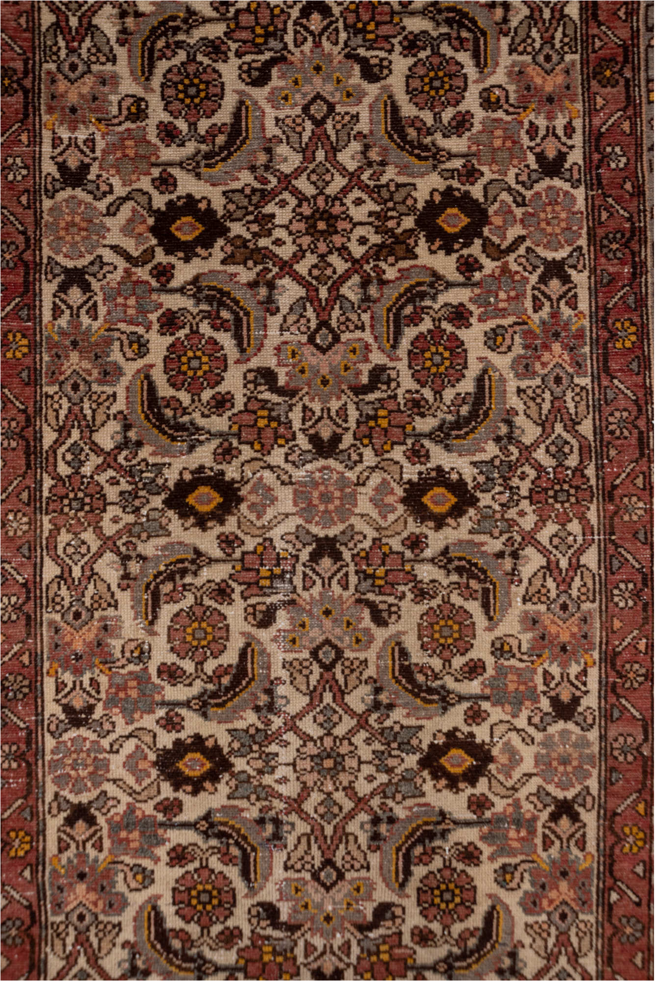 3' x 10' one-of-a-kind handmade vintage Malayer runner rug. Color palette: brown, gray, pink, redwood