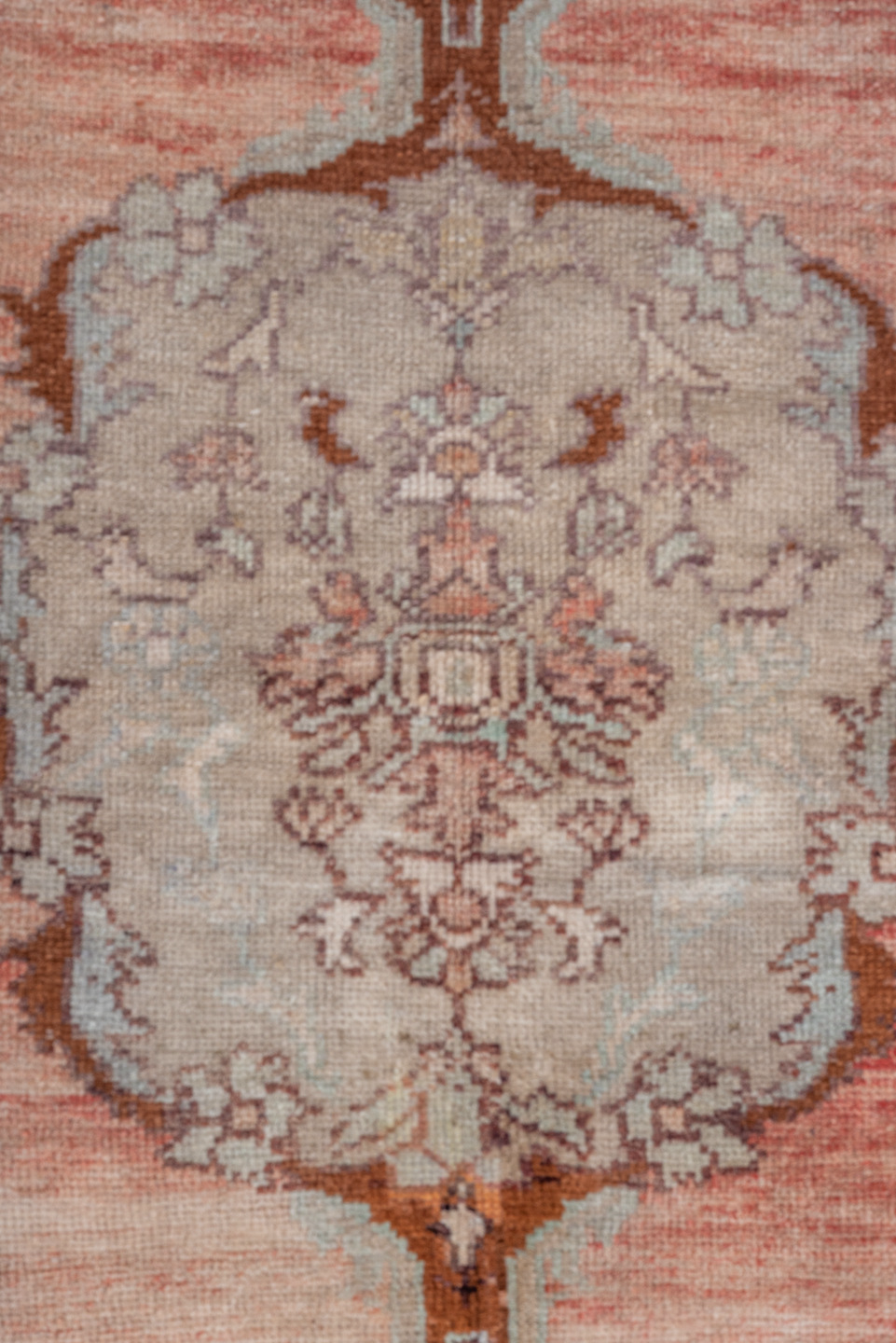 3' x 5' one-of-a-kind handmade vintage Oushak small size rug. Color palette: pink, gray, light gray, off-white, brown