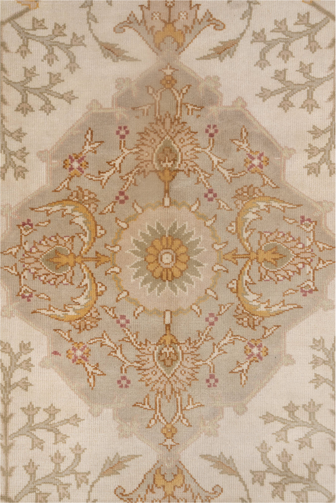 8' x 11' one-of-a-kind handmade vintage Oushak large size rug. Color palette: brown, gray, light gray, off-white, pink