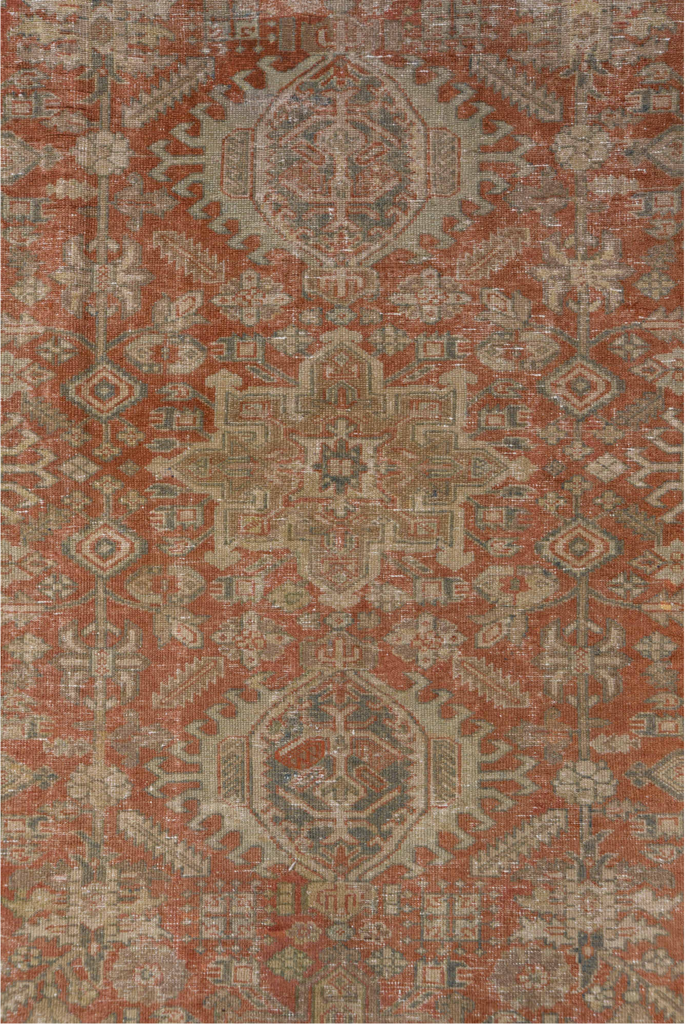 7' x 10' one-of-a-kind handmade vintage Karaje large size rug. Color palette: brown, pink, gray, light gray