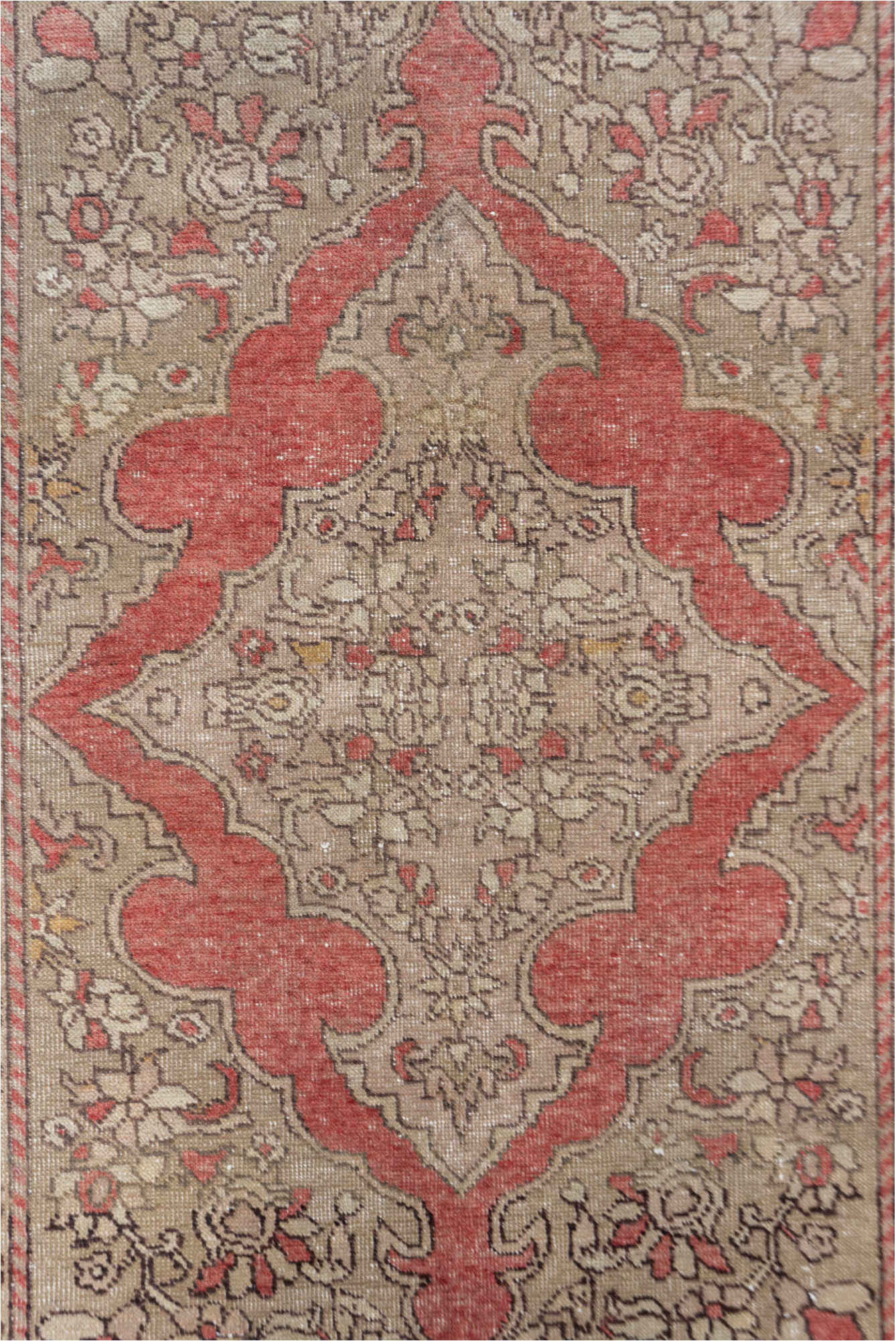 3' x 5' one-of-a-kind handmade vintage Oushak small size rug. Color palette: brown, off-white, orange, pink, red, redwood