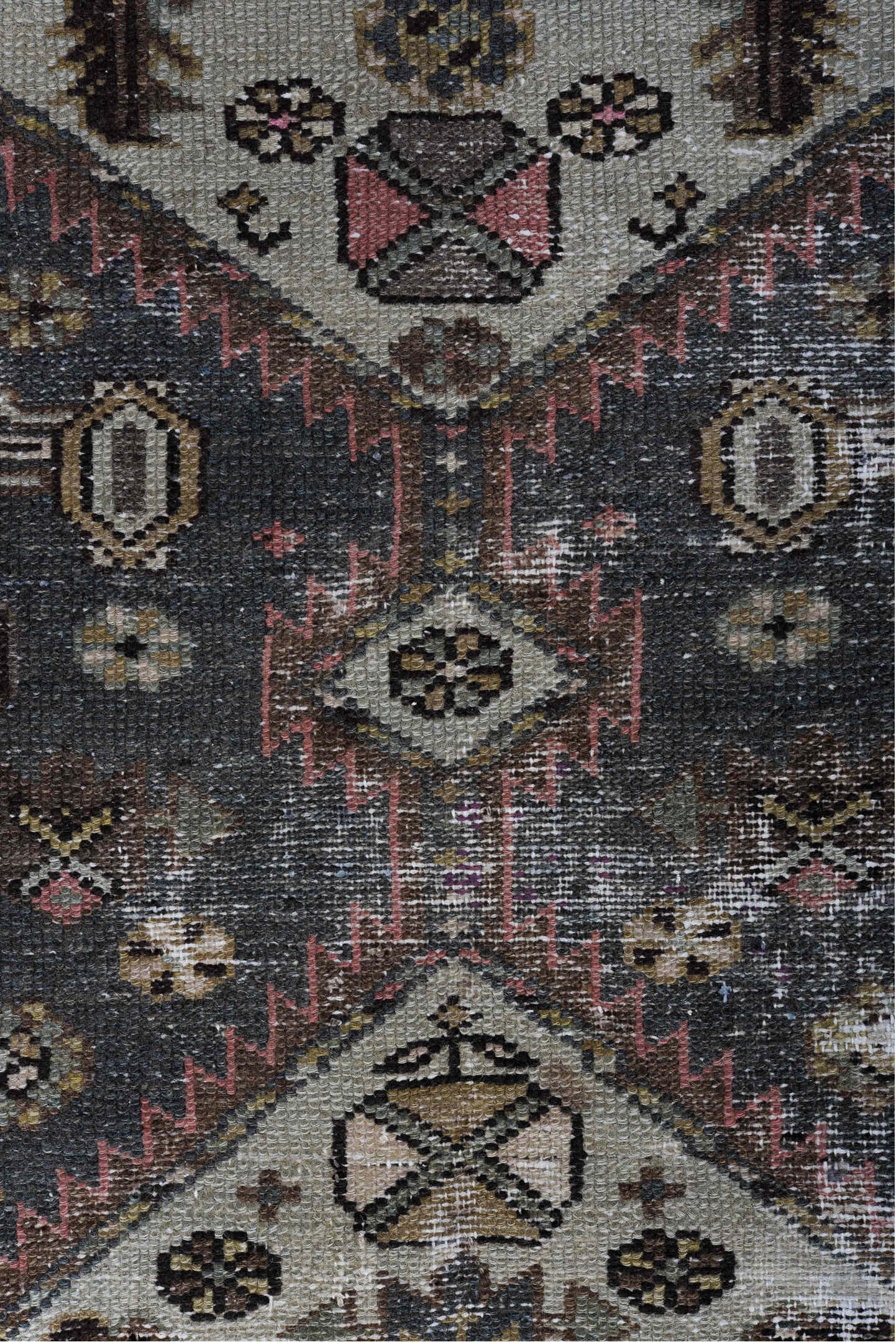 12' x 3' one-of-a-kind handmade vintage Malayer rug. Color palette: black, brown, charcoal, gray, light gray, silver