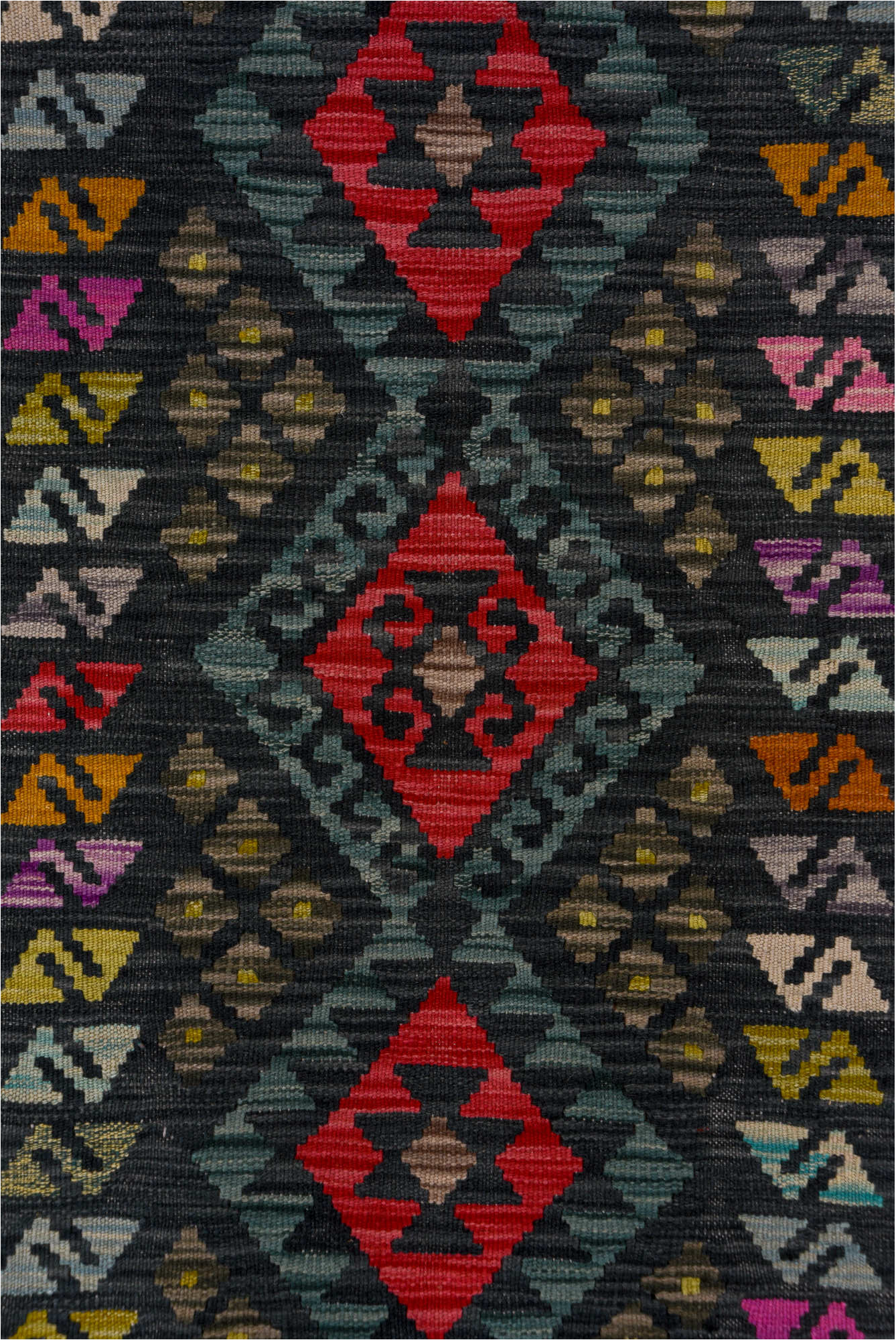 2' x 8' one-of-a-kind handmade vintage Kilim runner rug. Color palette: black, blue, brown, burgundy, gray, pink, red