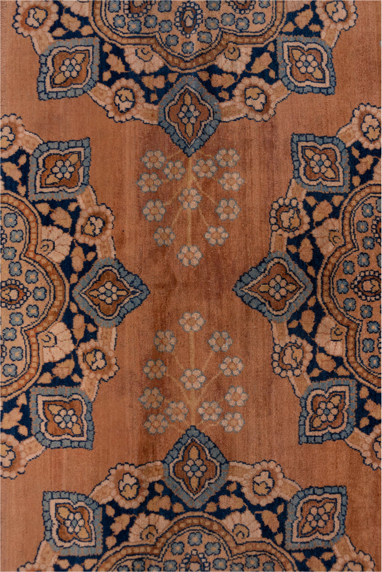 4' x 9' one-of-a-kind handmade vintage Kerman runner rug. Color palette: black, brown, dim gray, gray, pink