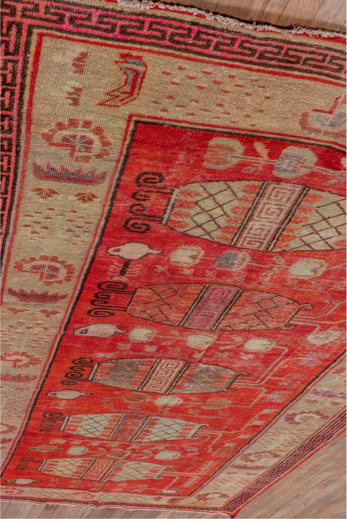 5' x 10' one-of-a-kind handmade vintage Khotan runner rug. Color palette: brown, fire brick, light coral, off-white, pink