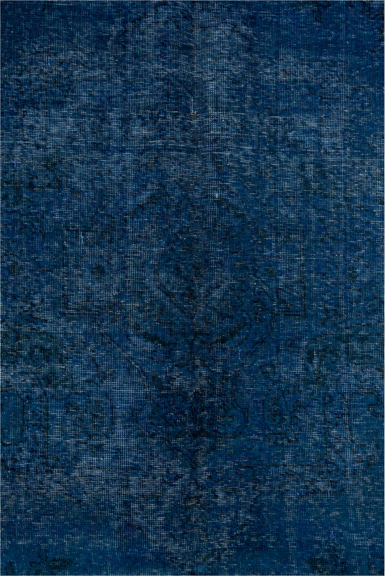 9' x 12' one-of-a-kind handmade vintage Overdyed large size rug. Color palette: arapawa, blue, fiord, ghost white, gray
