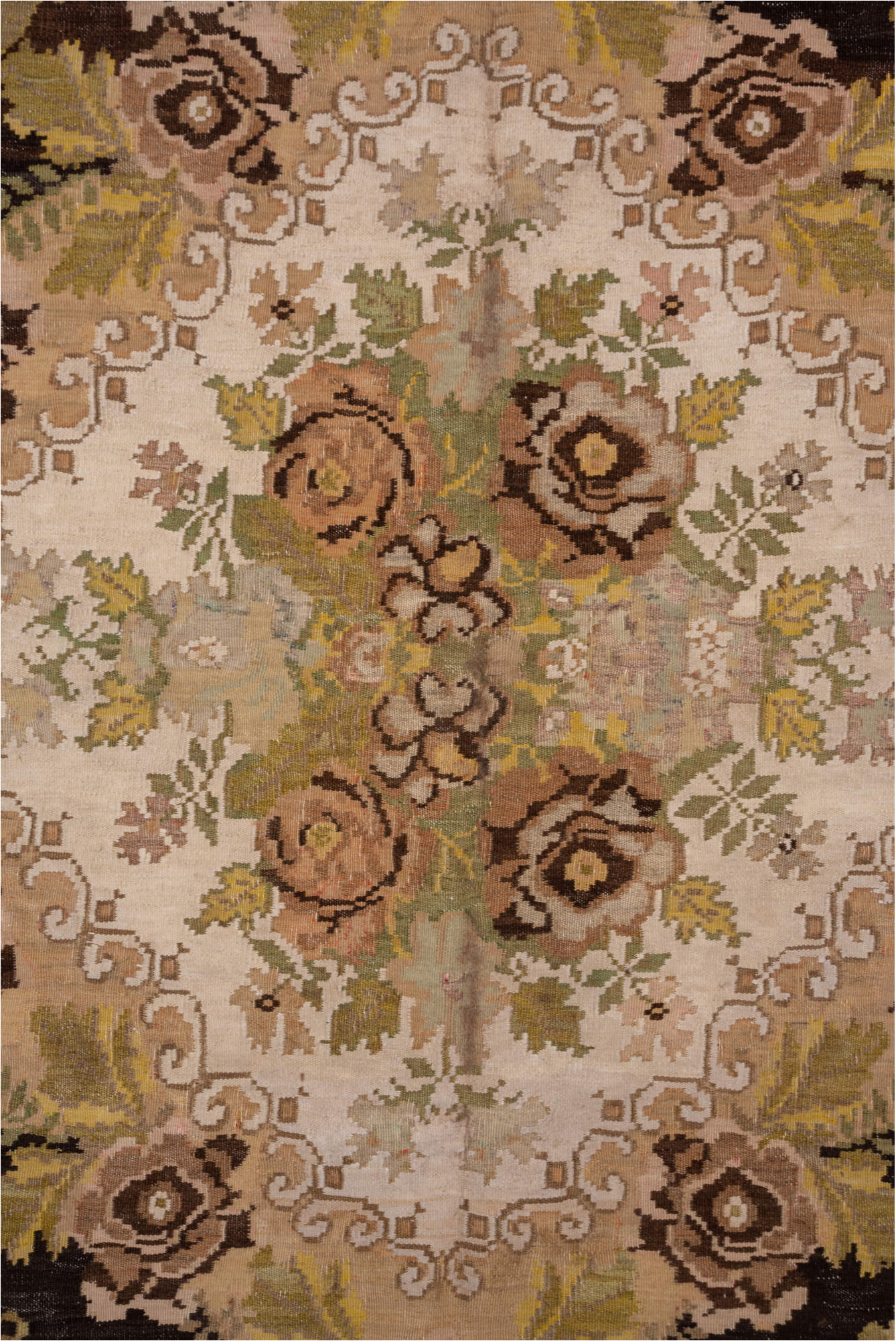 6' x 8' one-of-a-kind handmade vintage Kilim medium size rug. Color palette: brown, burlywood, gray, orange, pink, tan