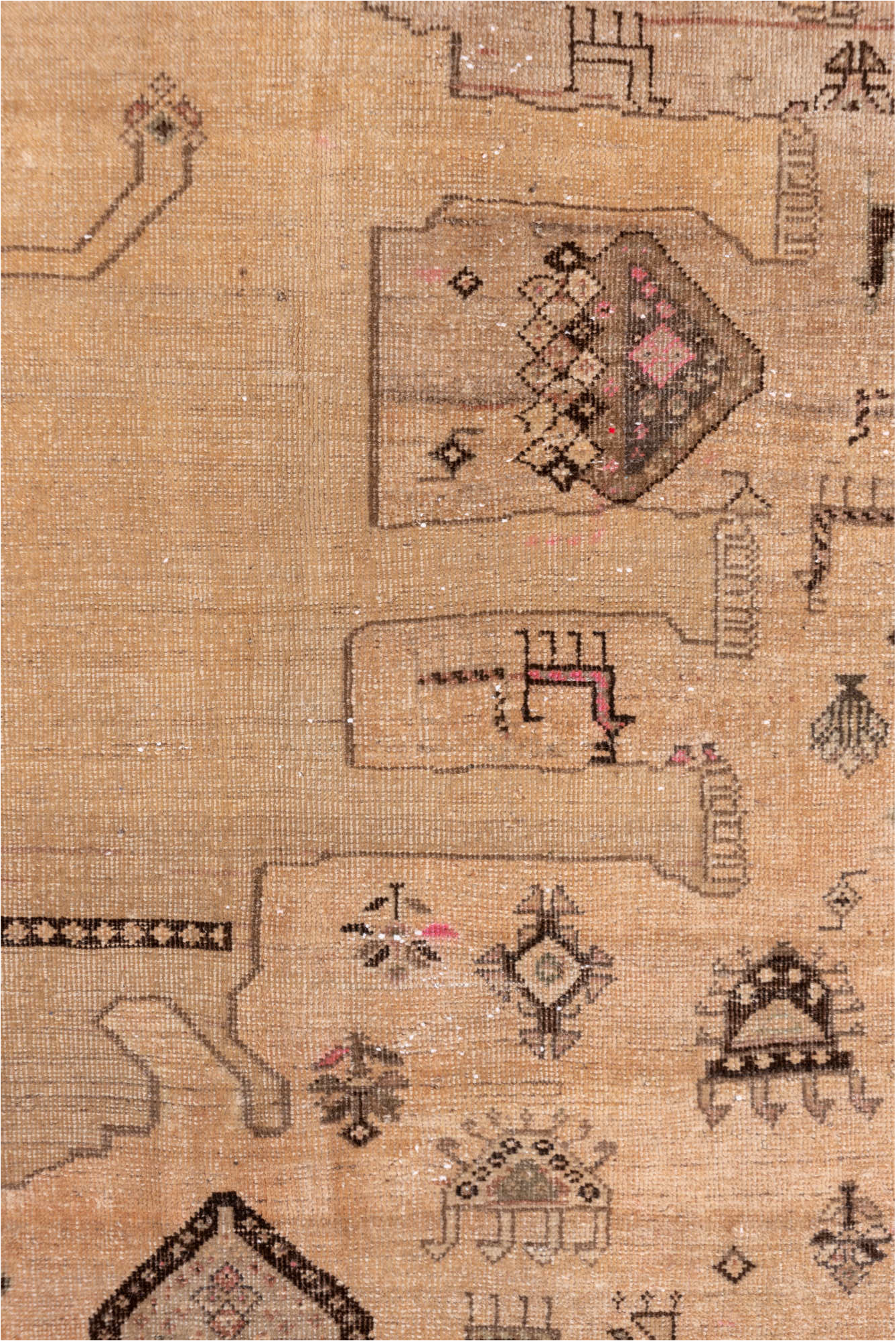 3' x 6' one-of-a-kind handmade vintage Gabbe small size rug. Color palette: brown, gray, light gray, orange, pink