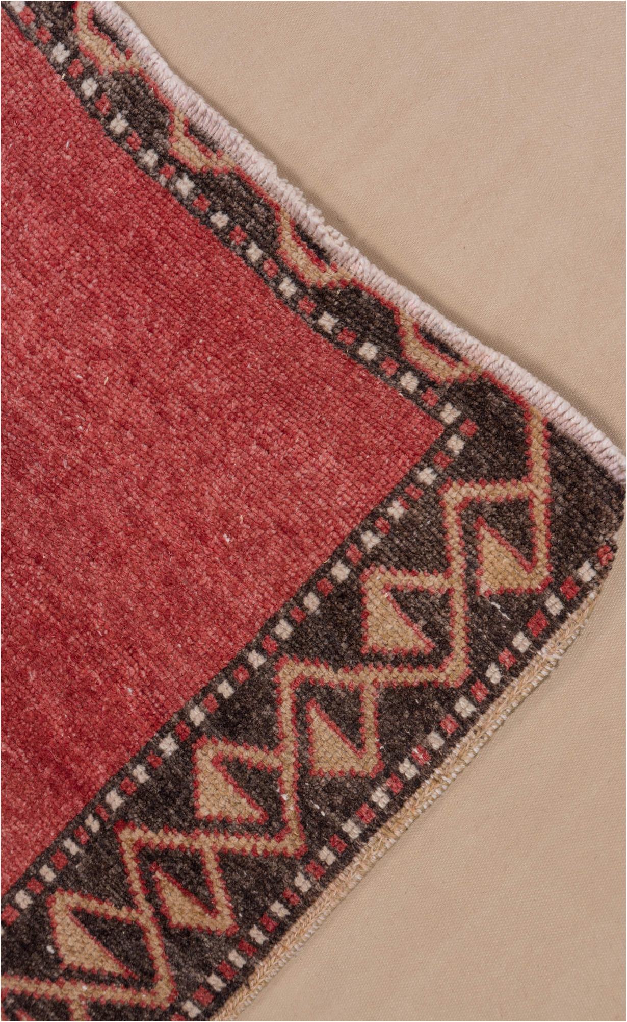 4' x 11' one-of-a-kind handmade vintage Oushak runner rug. Color palette: brown, gray, indian red, light gray, off-white