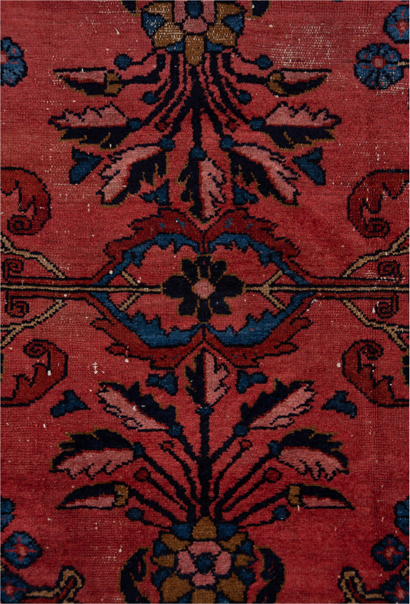 3' x 4' one-of-a-kind handmade vintage Lilian small size rug. Color palette: blue, brown, fiord, gray, pink, red, redwood