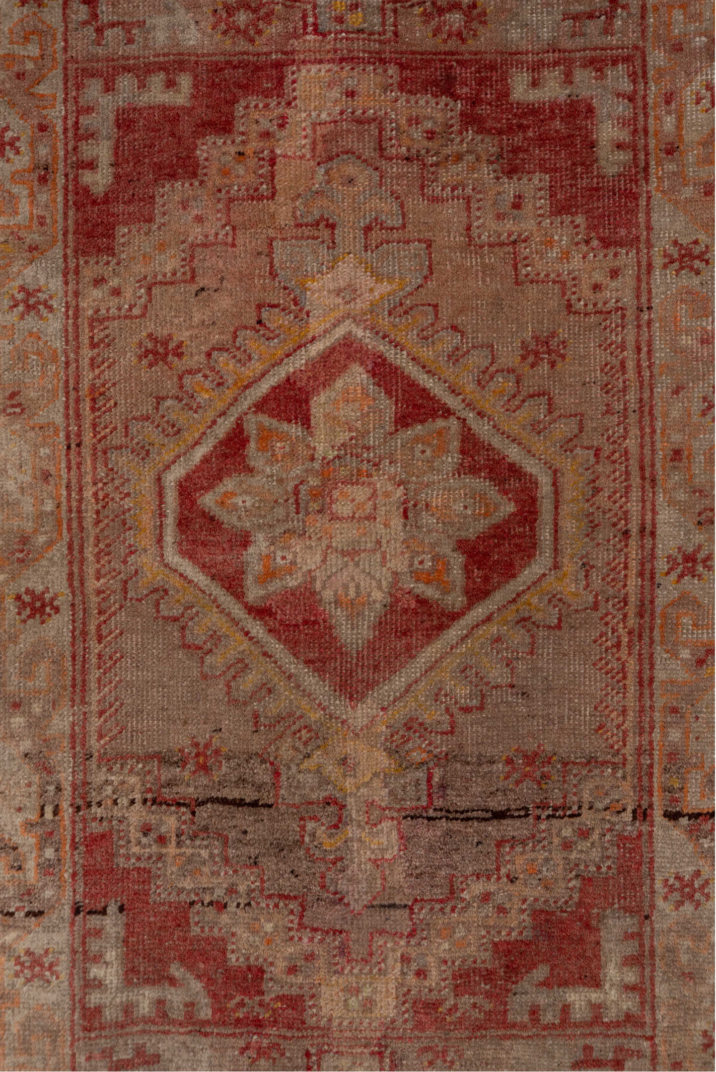 3' x 10' one-of-a-kind handmade vintage Sivas runner rug. Color palette: brown, pink, red, gray, off-white, white, snow