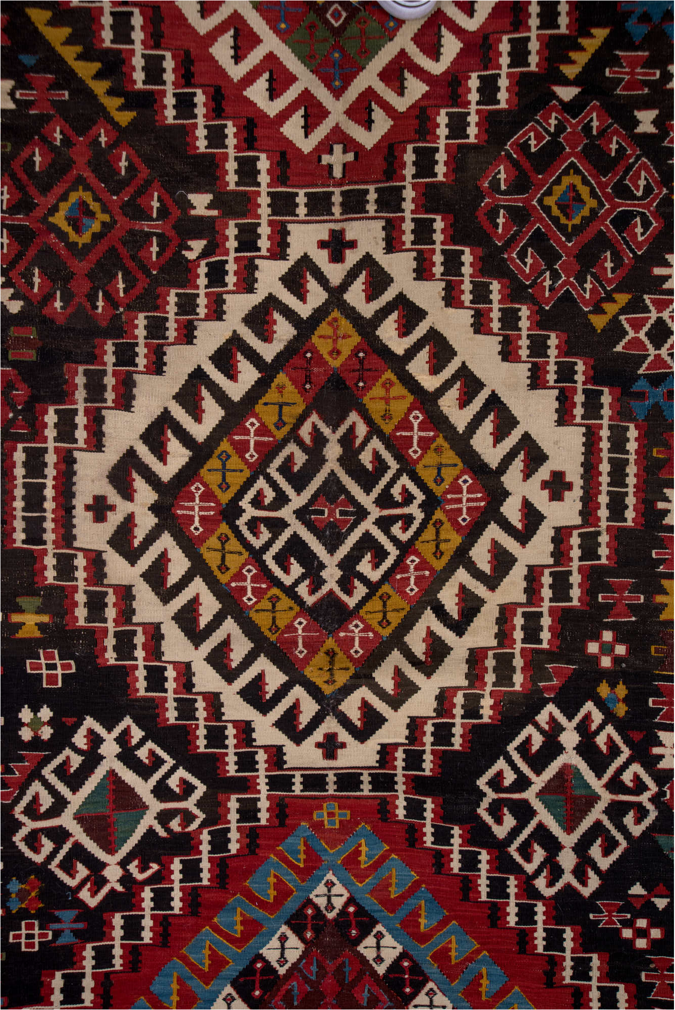 6' x 10' one-of-a-kind handmade vintage Kilim large size rug. Color palette: arapawa, blue, brown, gray, pink, red