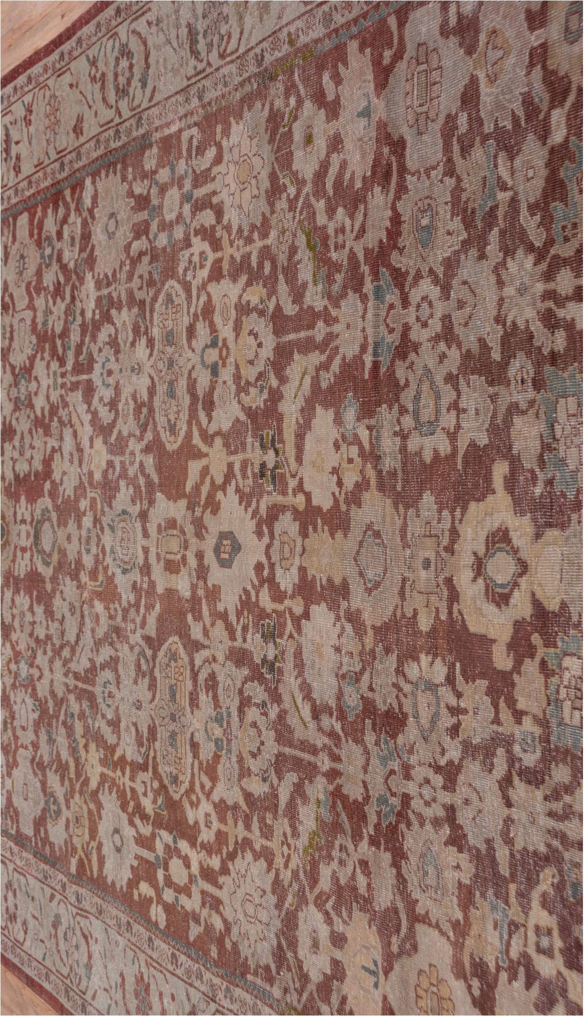 10' x 14' one-of-a-kind handmade vintage Sultanabad large size rug. Color palette: brown, gray, pink, red, redwood