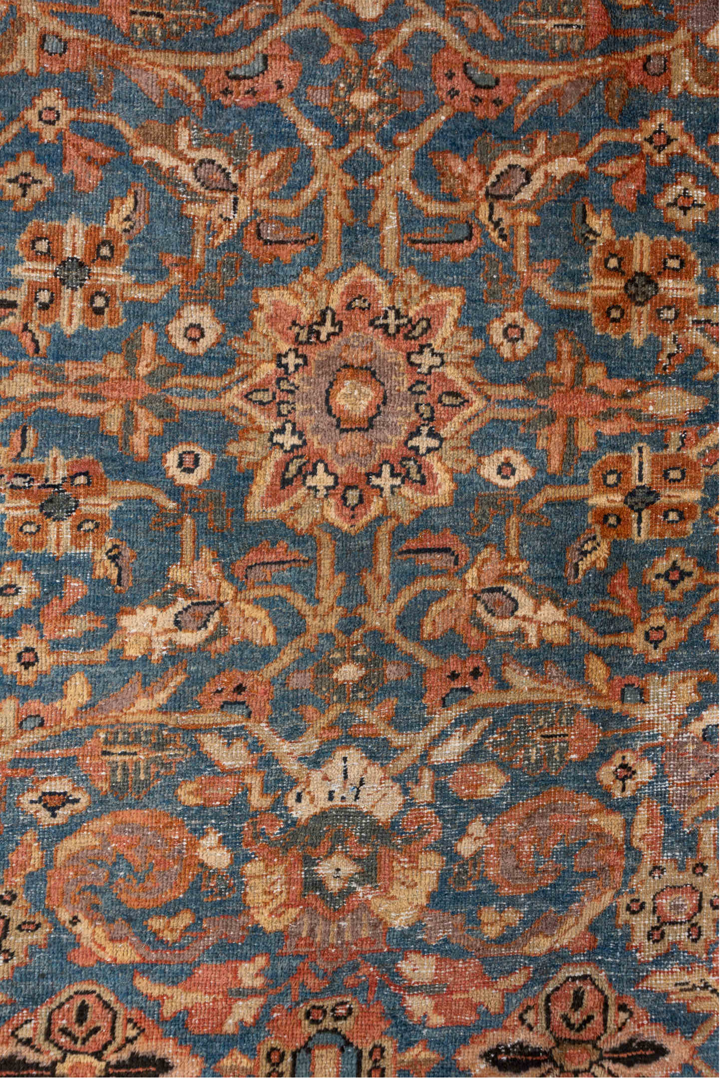 8' x 10' one-of-a-kind handmade vintage Mahal large size rug. Color palette: brown, gray, pink, blue, orange, redwood, tan