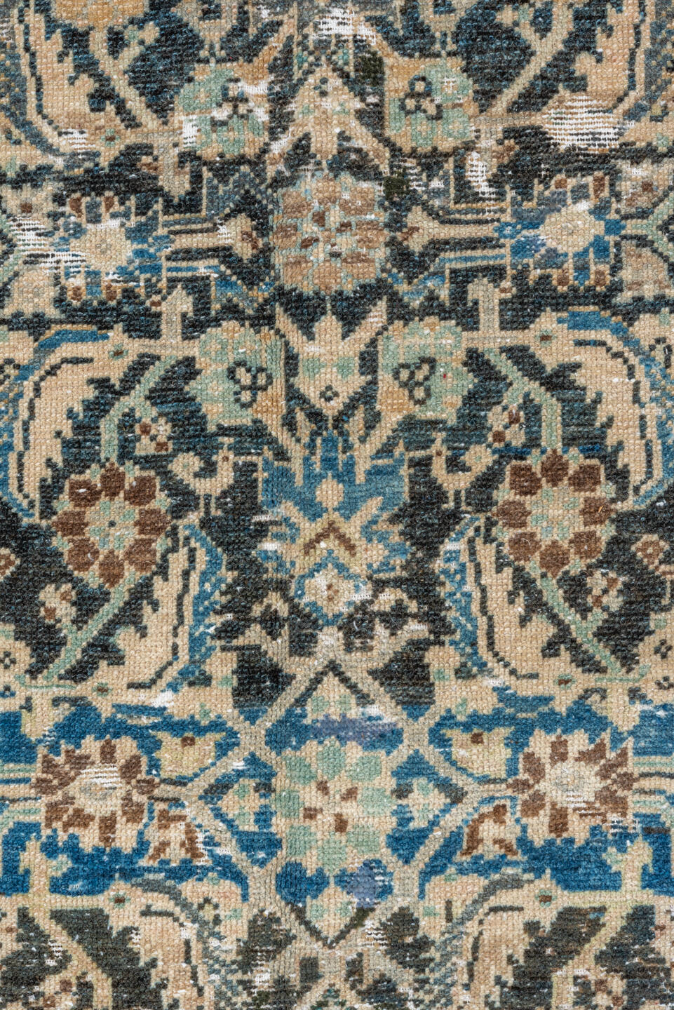 4' x 8' one-of-a-kind handmade vintage Malayer rug. Color palette: gray, blue, brown, light gray, orange, off-white, black