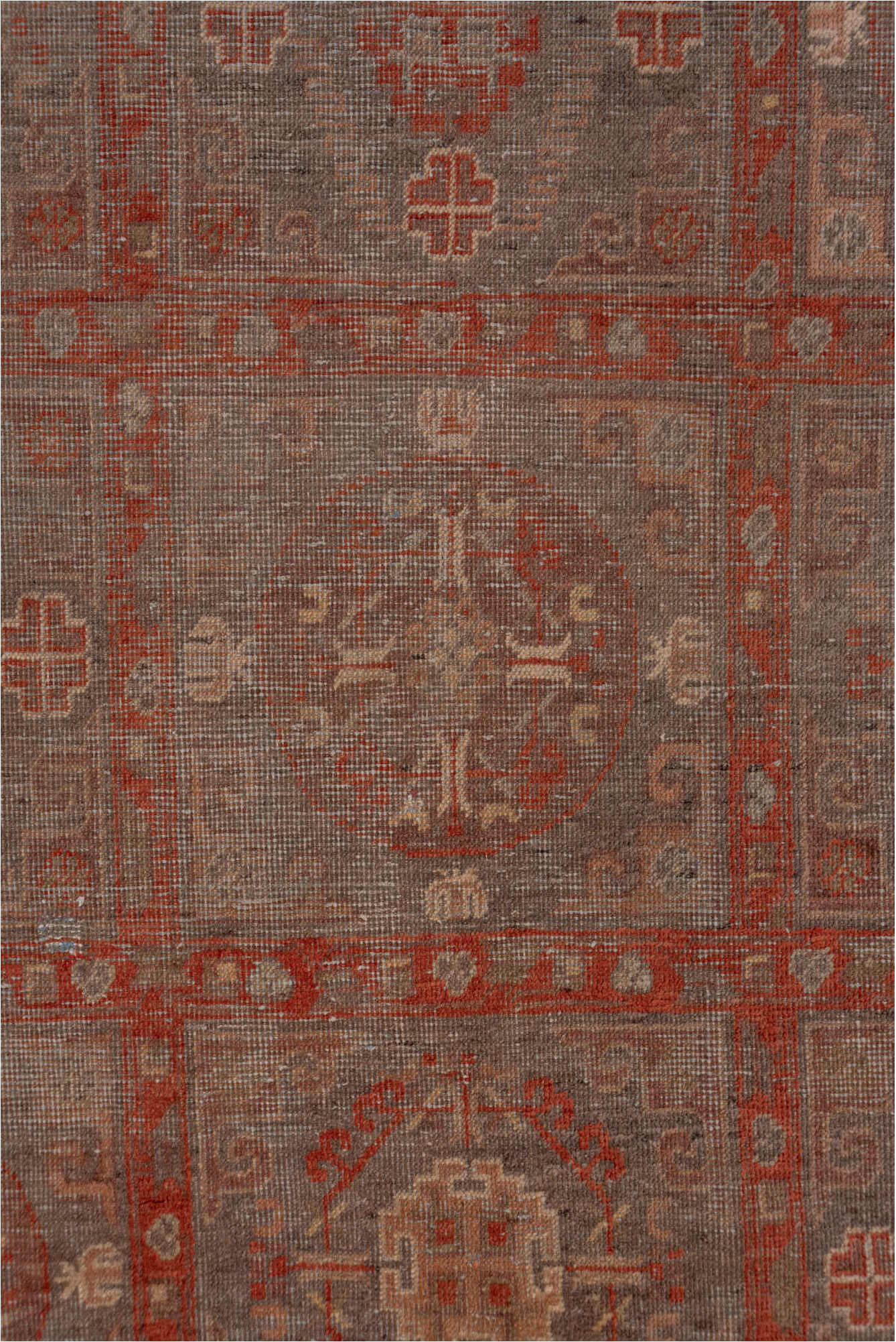 6' x 12' one-of-a-kind handmade vintage Khotan large size rug. Color palette: red, brown, pink, gray
