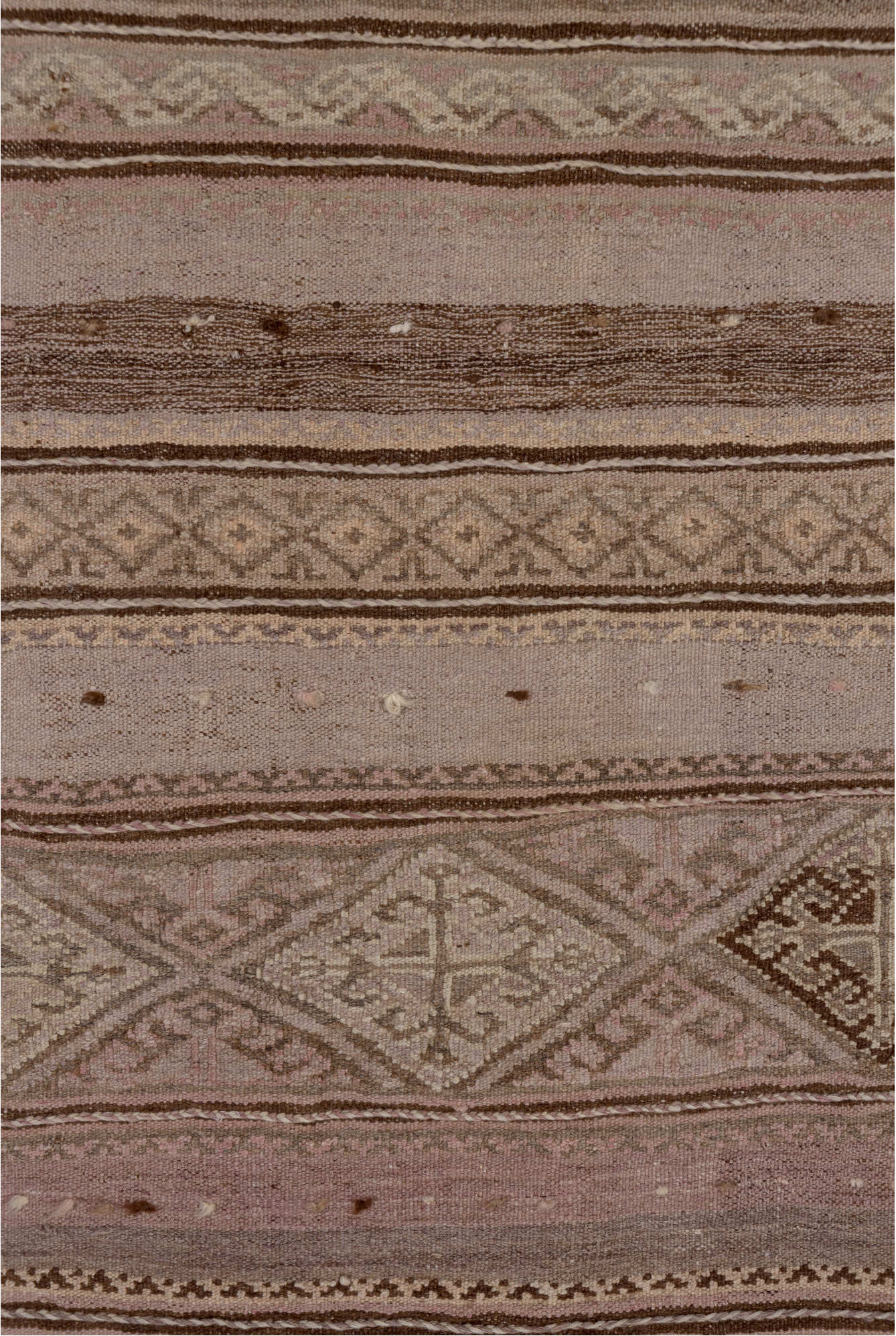 2' x 10' one-of-a-kind handmade vintage Kilim runner rug. Color palette: brown, gray, off-white, pink, snow, white