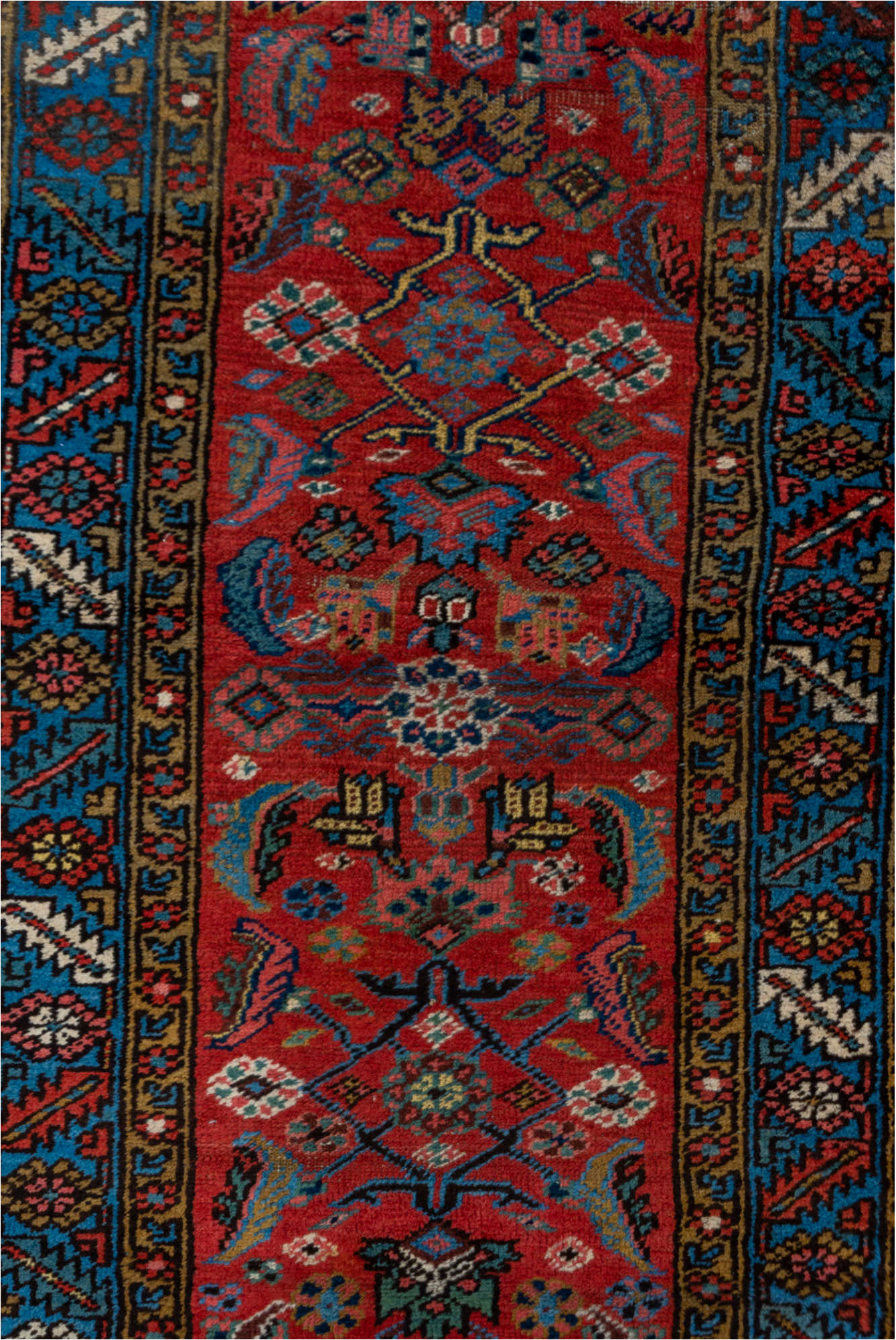 2' x 13' one-of-a-kind handmade vintage Heriz runner rug. Color palette: black, blue, brown, fiord, gray, indian red, pink