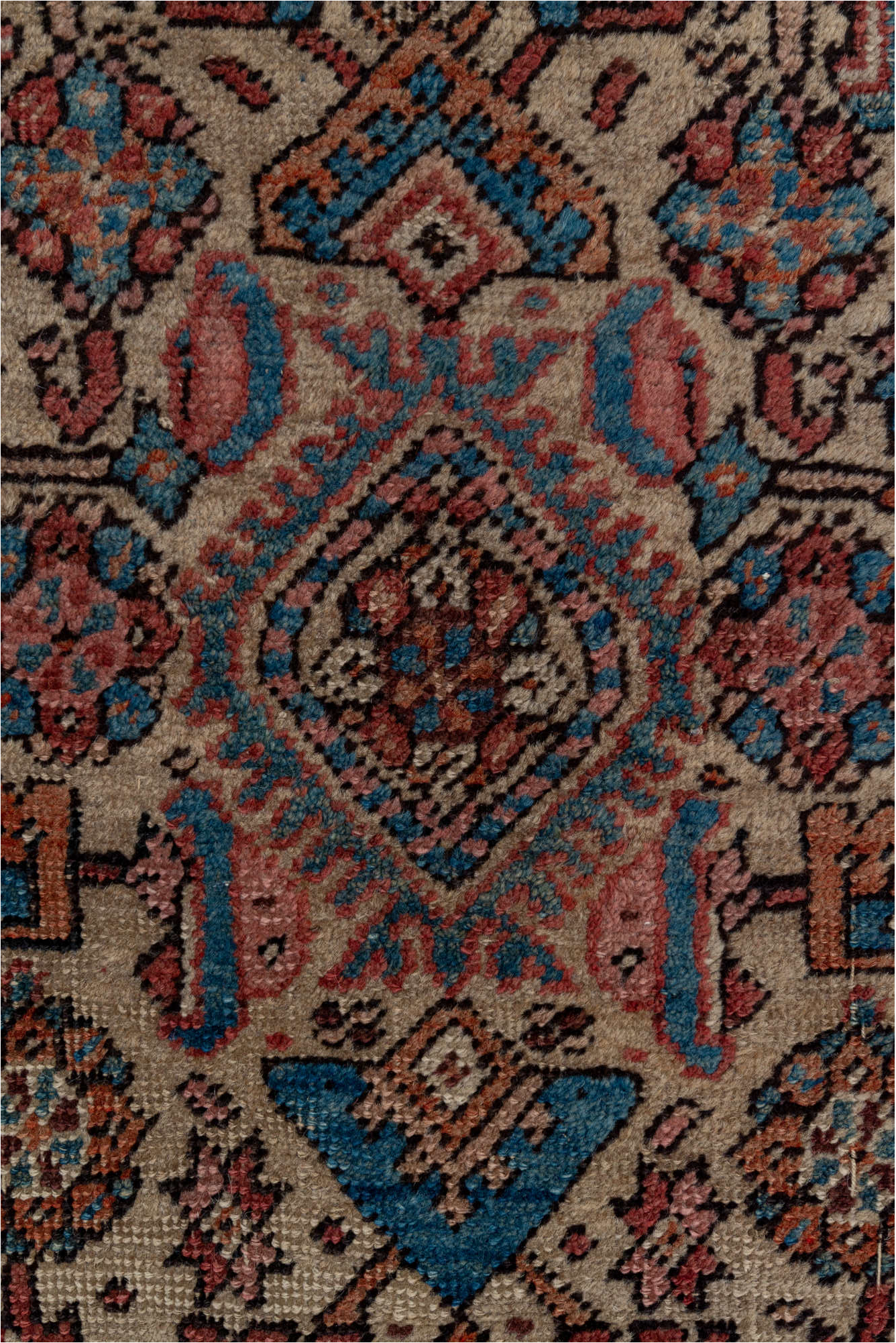 3' x 13' one-of-a-kind handmade vintage Sarab runner rug. Color palette: black, blue, brown, gray, pink, red