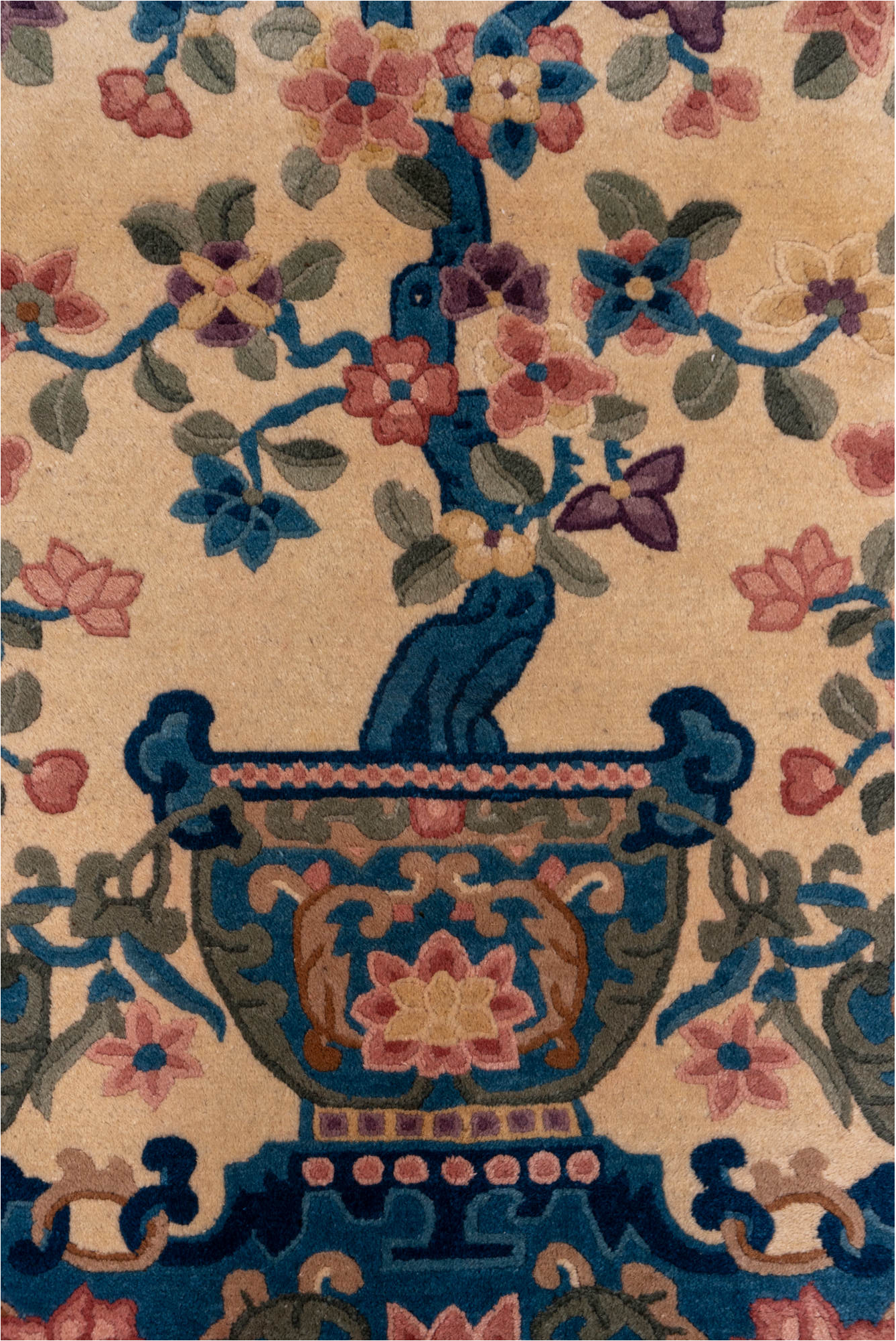 4' x 5' one-of-a-kind handmade vintage Chinese small size rug. Color palette: arapawa, black, blue, brown, charcoal, gray