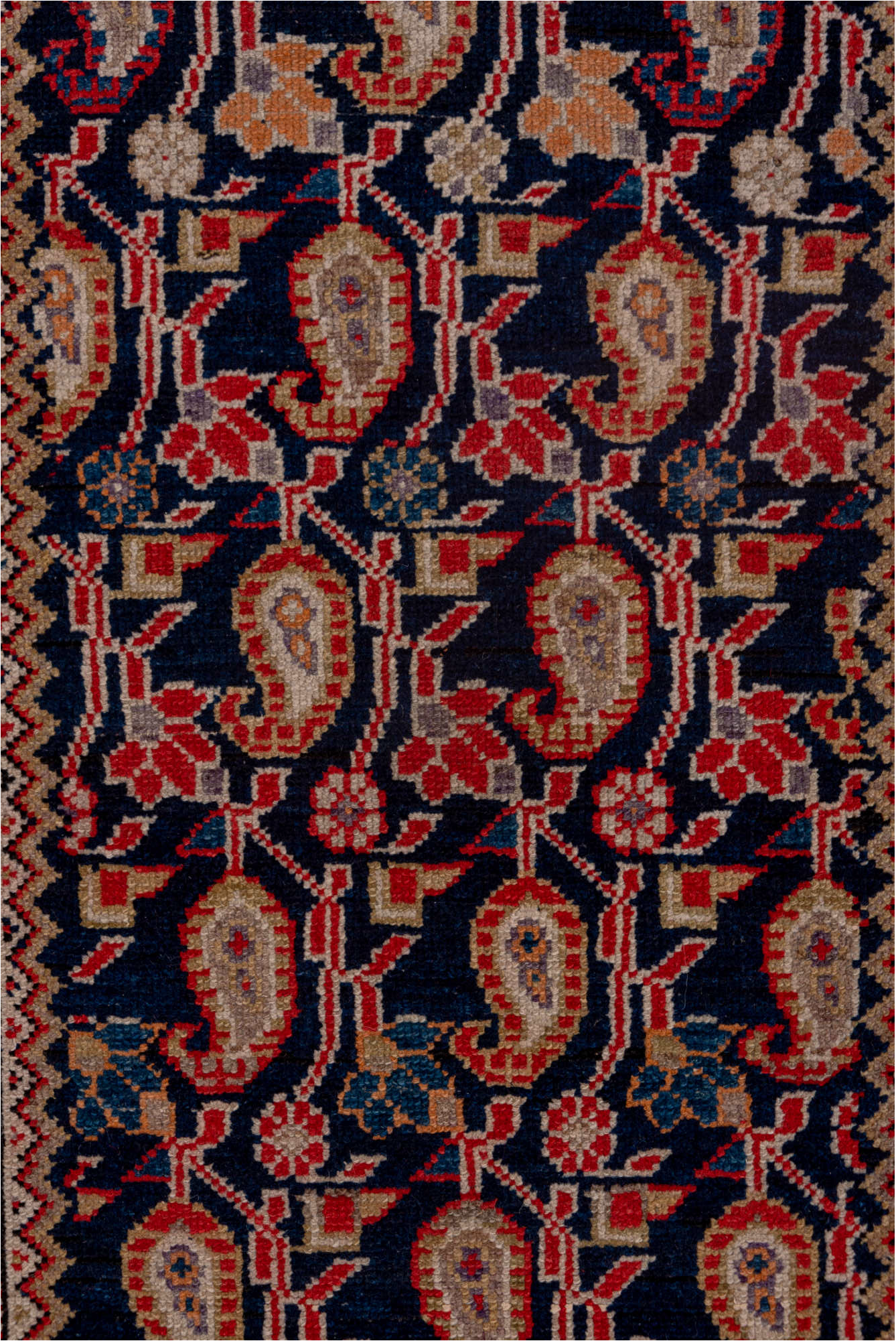 3' x 13' one-of-a-kind handmade vintage Malayer runner rug. Color palette: brown, gray, pink, red