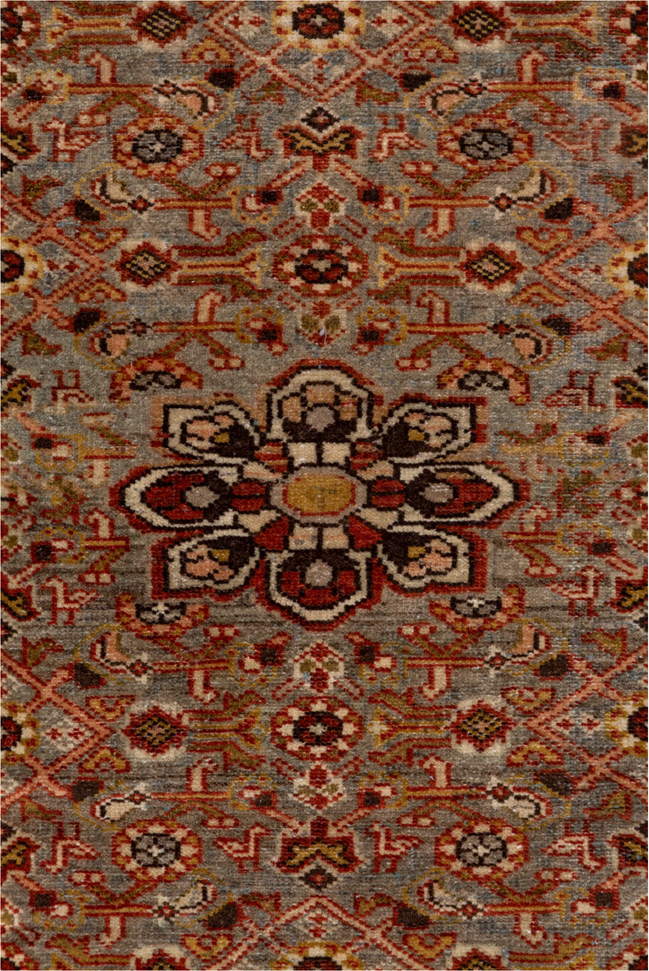 2' x 4' one-of-a-kind handmade vintage Malayer small size rug. Color palette: brown, gray, light gray, off-white, pink