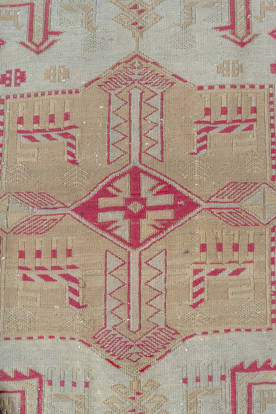 3' x 4' one-of-a-kind handmade vintage Sumak small size rug. Color palette: red, brown, gray, off-white, light gray, pink
