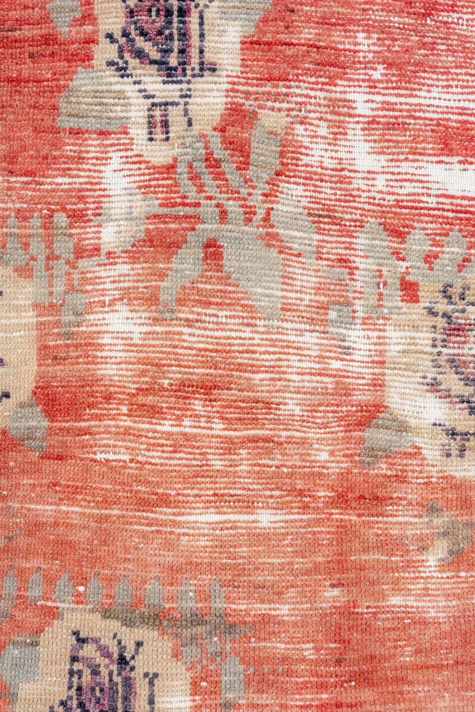 3' x 8' one-of-a-kind handmade vintage Oushak runner rug. Color palette: gray, pink, red, brown, light gray, off-white
