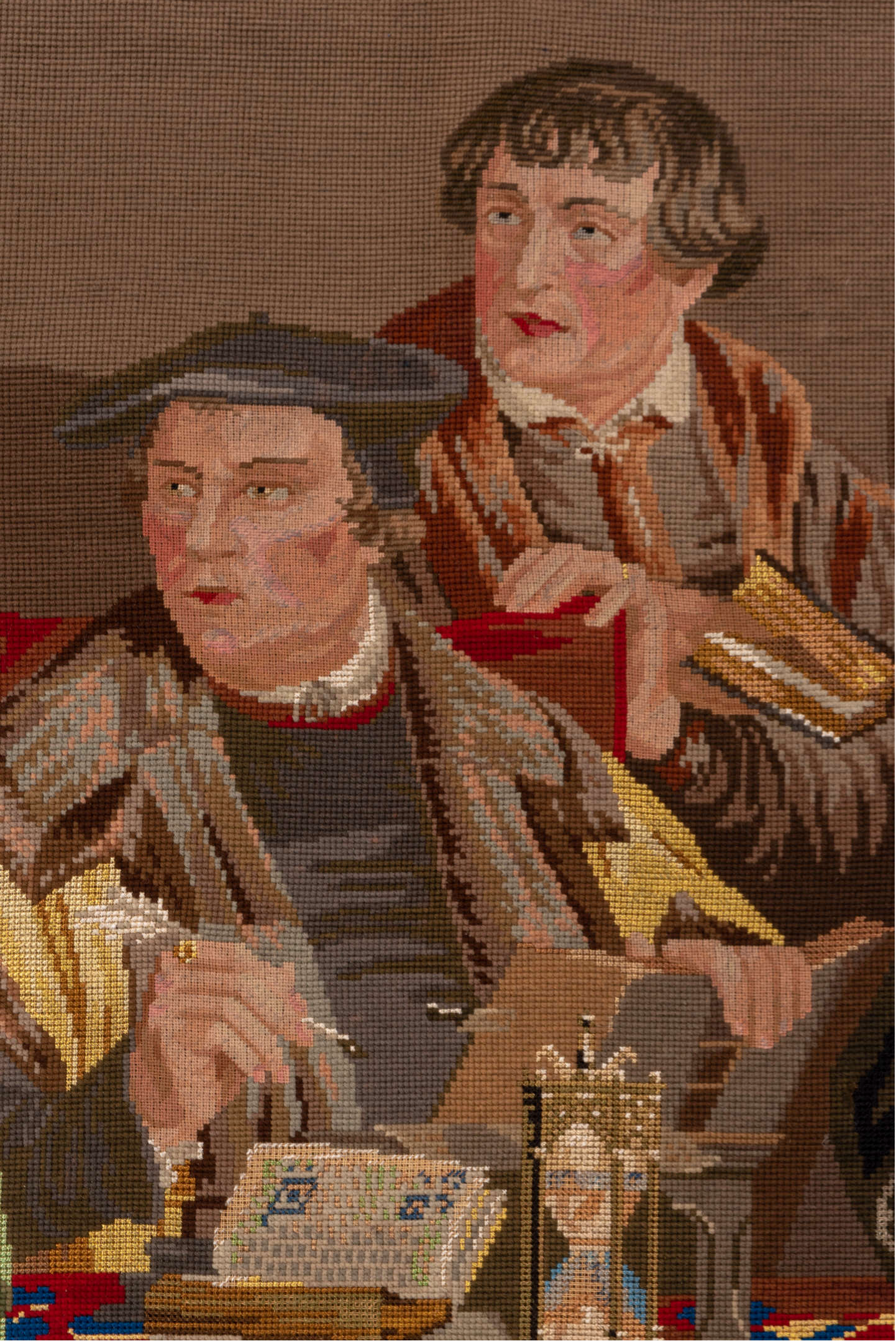 3' x 4' one-of-a-kind handmade vintage Needlepoint small size rug. Color palette: brown, gray, red, blue, dark gray