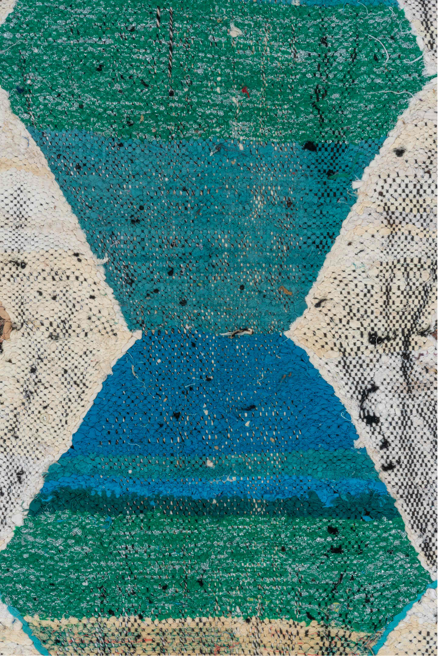 4' x 6' one-of-a-kind handmade vintage Rag Rug small size rug. Color palette: brown, gray, blue, green, light gray