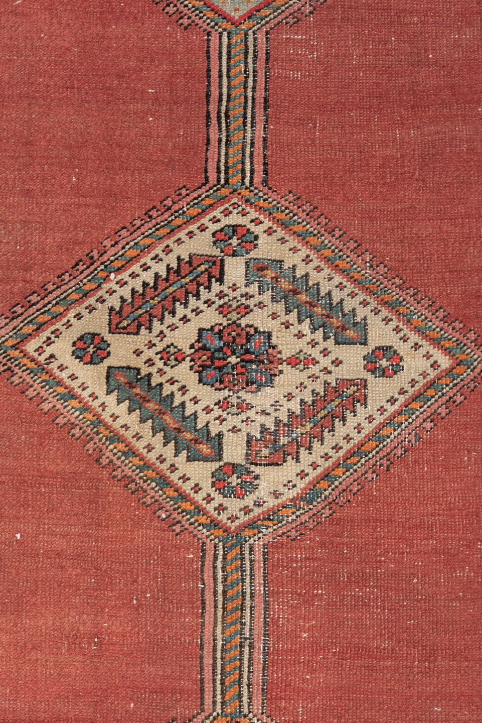 3' x 12' one-of-a-kind handmade vintage Serapi runner rug. Color palette: gray, pink, red, off-white, light gray, black