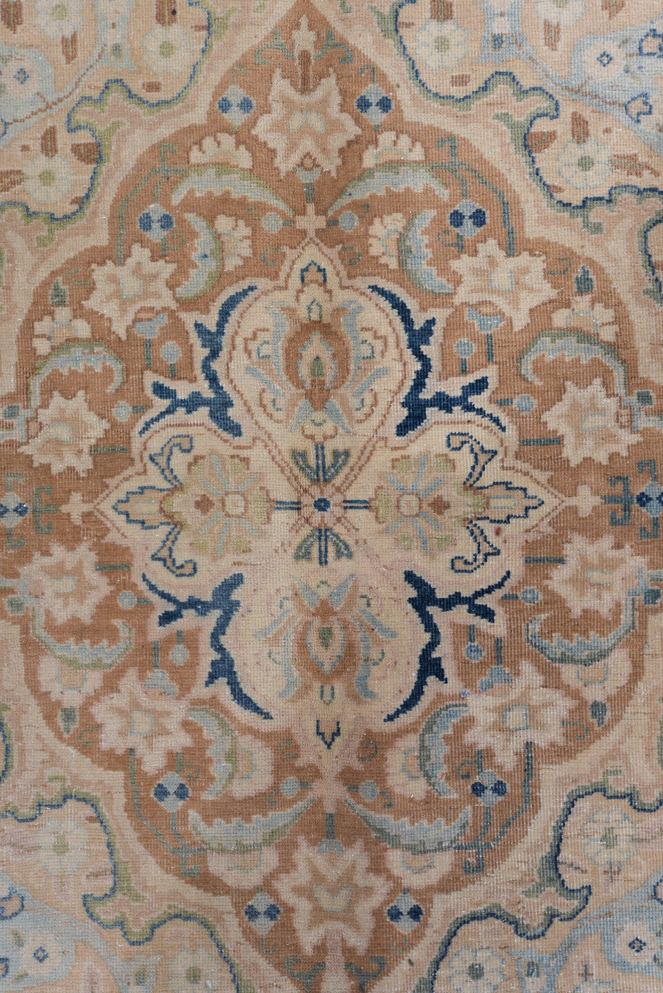 12' x 9' one-of-a-kind handmade vintage Kerman rug. Color palette: black, blue, brown, charcoal, dark gray, gray, light gray