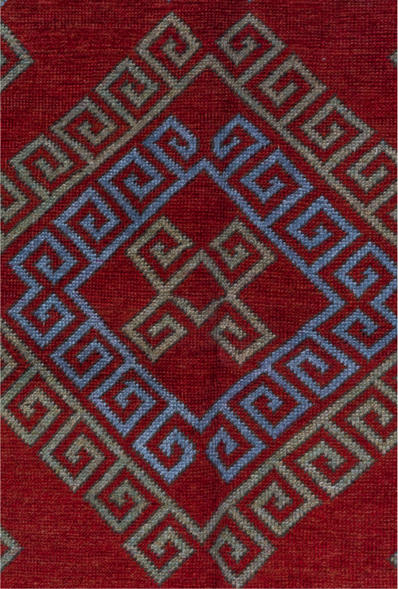 4' x 6' one-of-a-kind handmade vintage Caucasian small size rug. Color palette: brown, red, gray, pink, blue