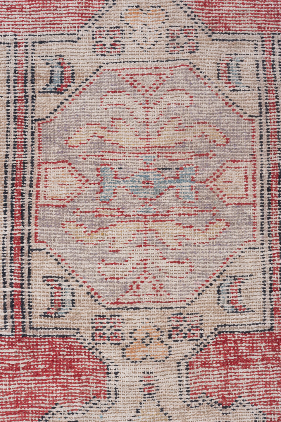 4' x 7' one-of-a-kind handmade vintage Oushak rug. Color palette: light gray, off-white, gray, pink, red, brown, black