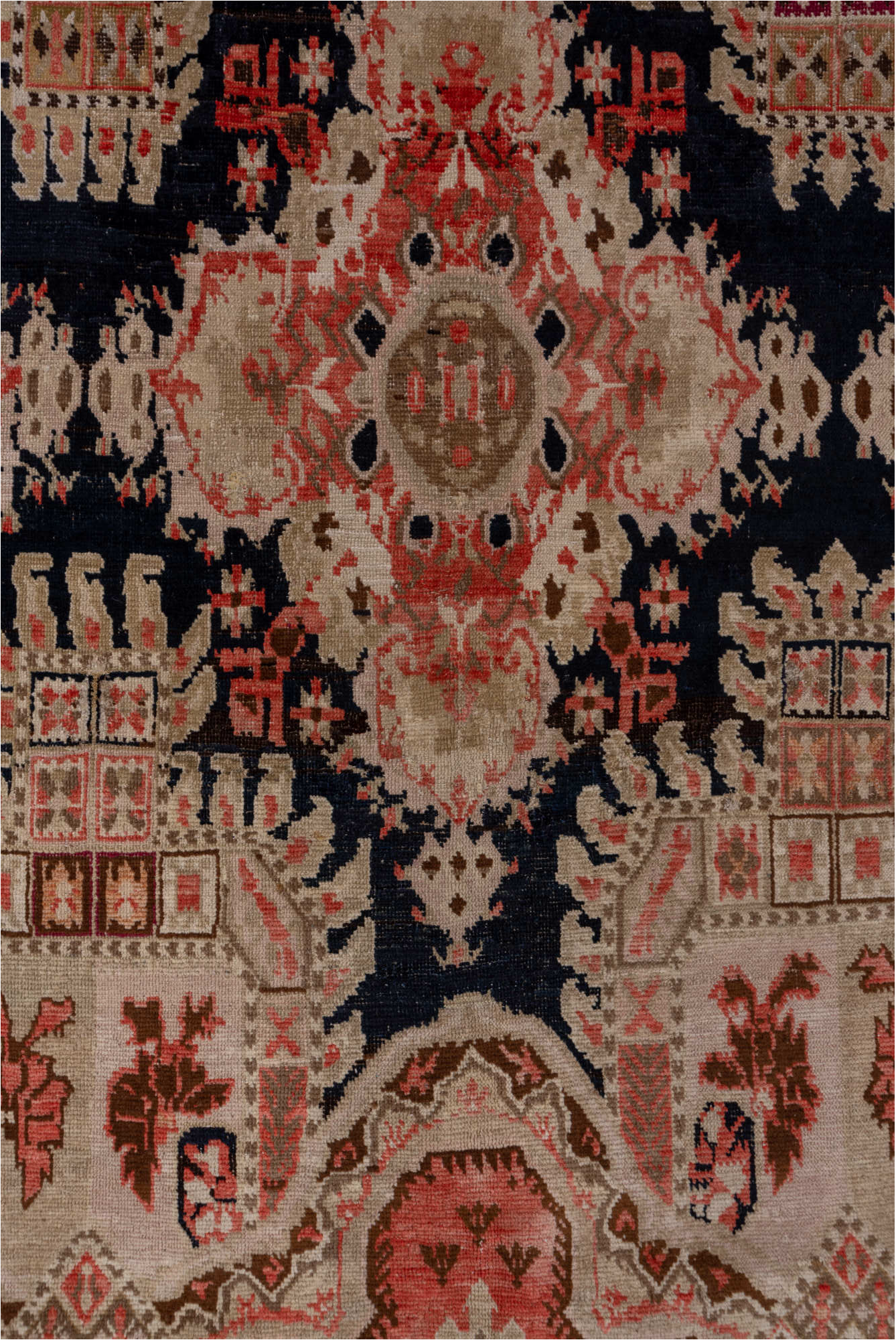 5' x 12' one-of-a-kind handmade vintage Karabagh rug. Color palette: brown, gray, pink, red, redwood