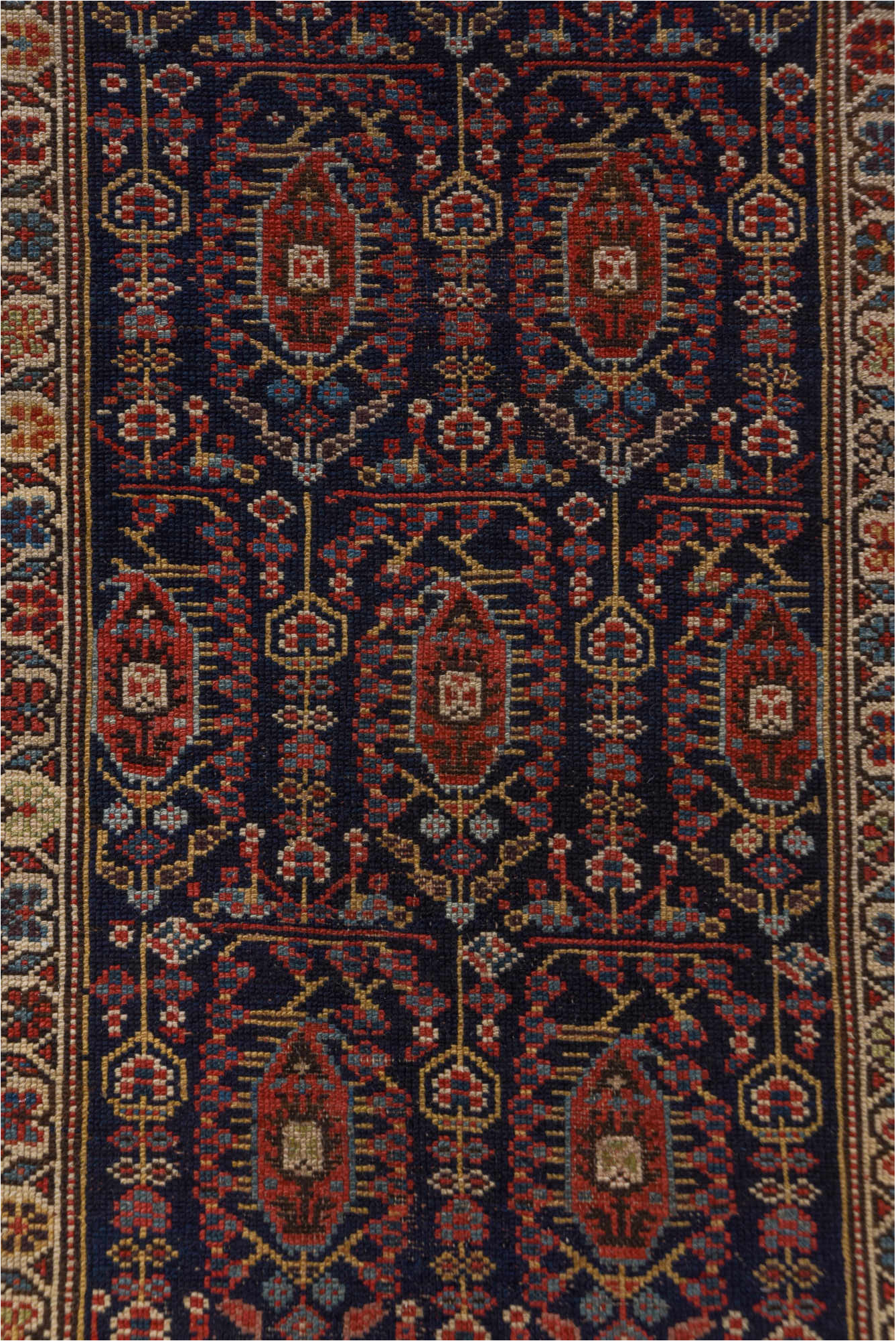 2' x 17' one-of-a-kind handmade vintage NW Persian runner rug. Color palette: blue, brown, gray, off-white, pink, red