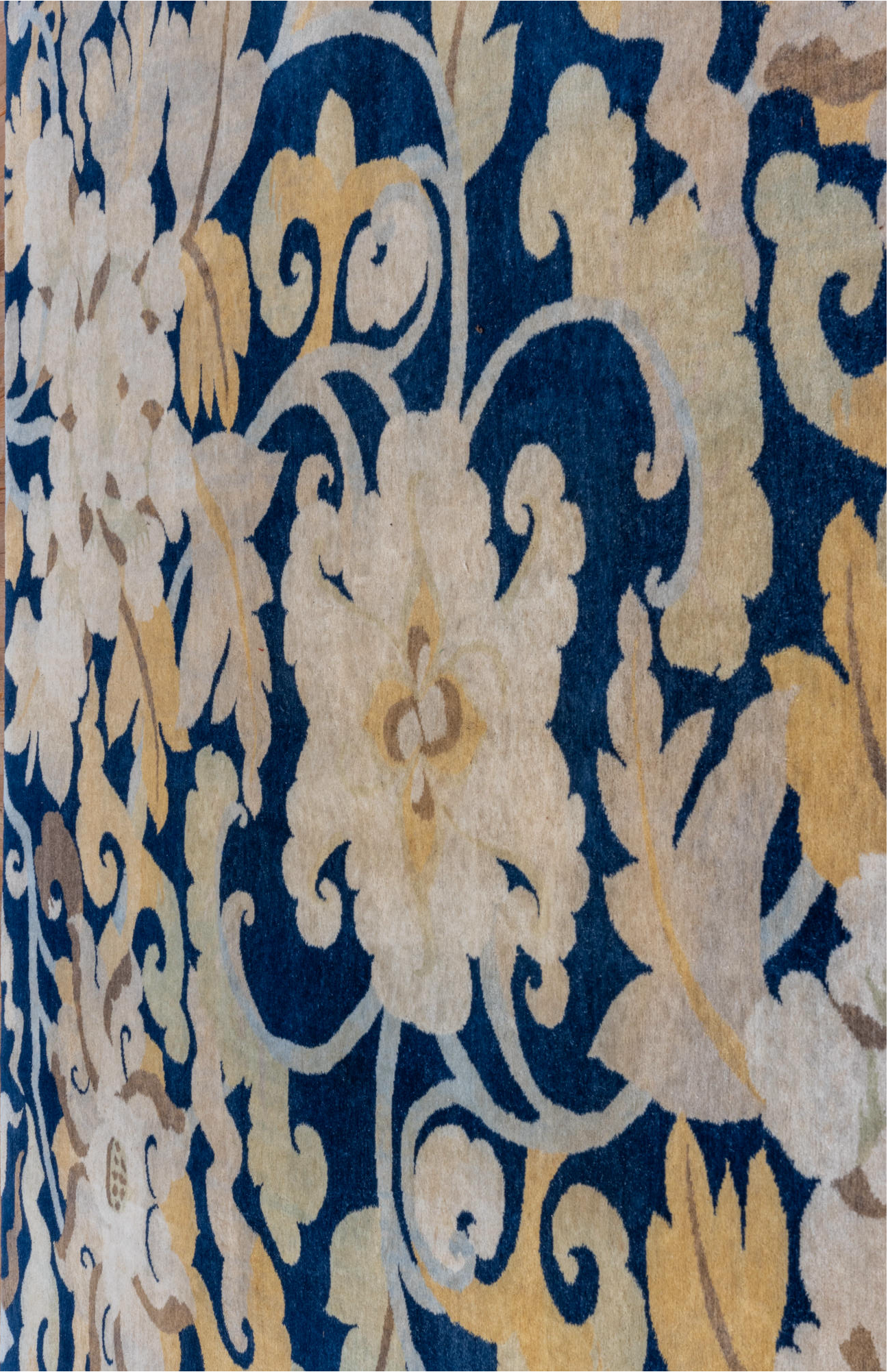 8' x 9' one-of-a-kind handmade vintage Tibetan rug. Color palette: blue, brown, fiord, gray, light gray, off-white, orange