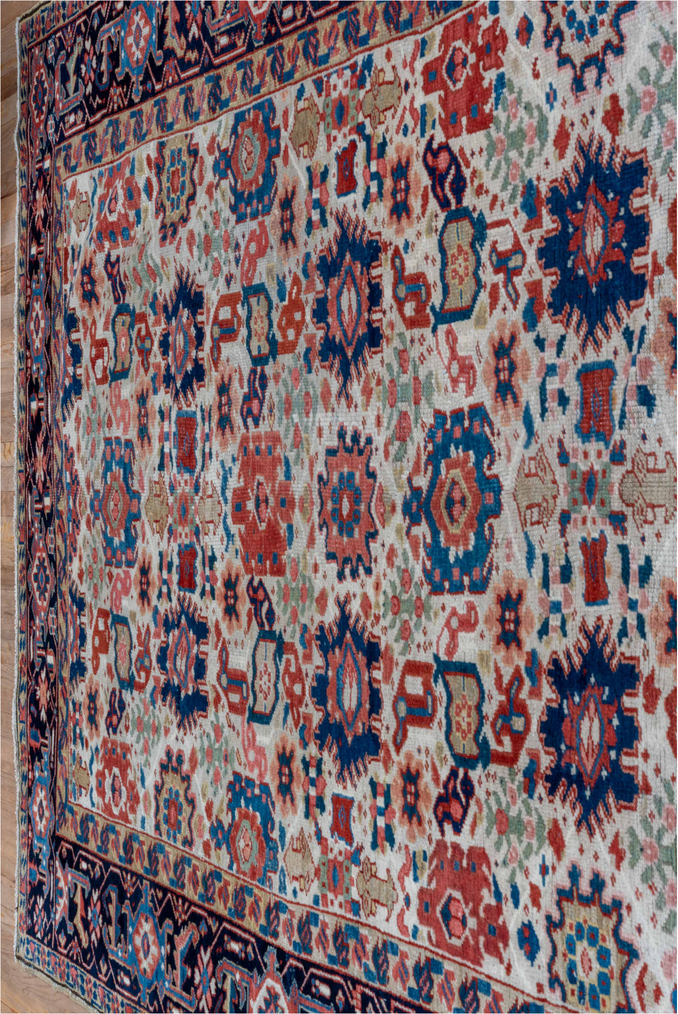 7' x 10' one-of-a-kind handmade vintage Heriz large size rug. Color palette: blue, brown, dark gray, fiord, gainsboro, gray