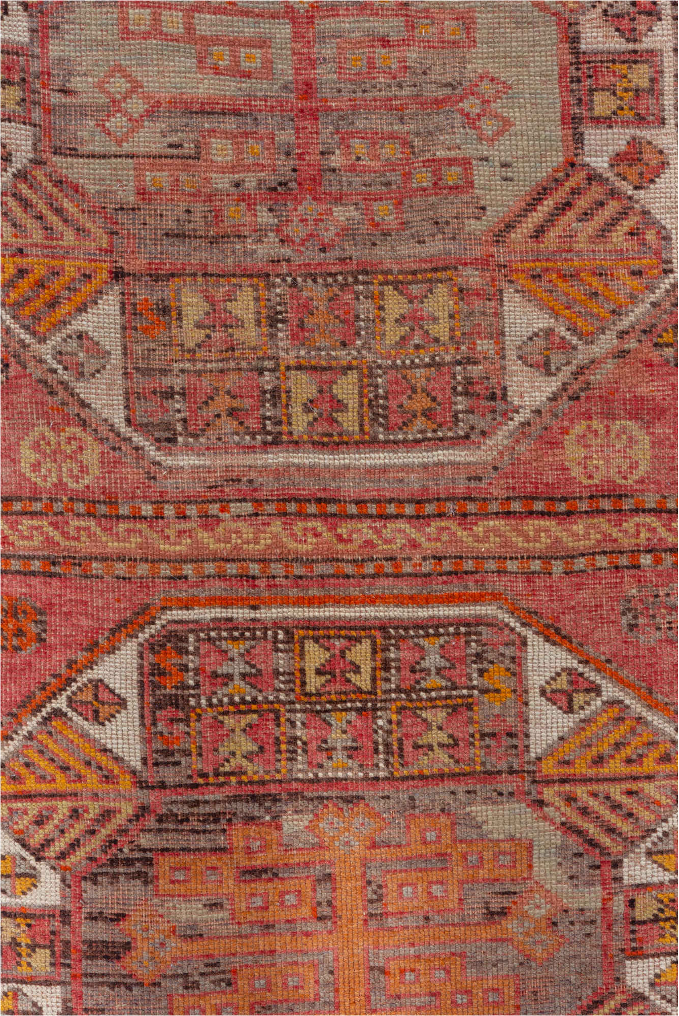 4' x 11' one-of-a-kind handmade vintage Oushak runner rug. Color palette: brown, maroon, pink, red, sienna