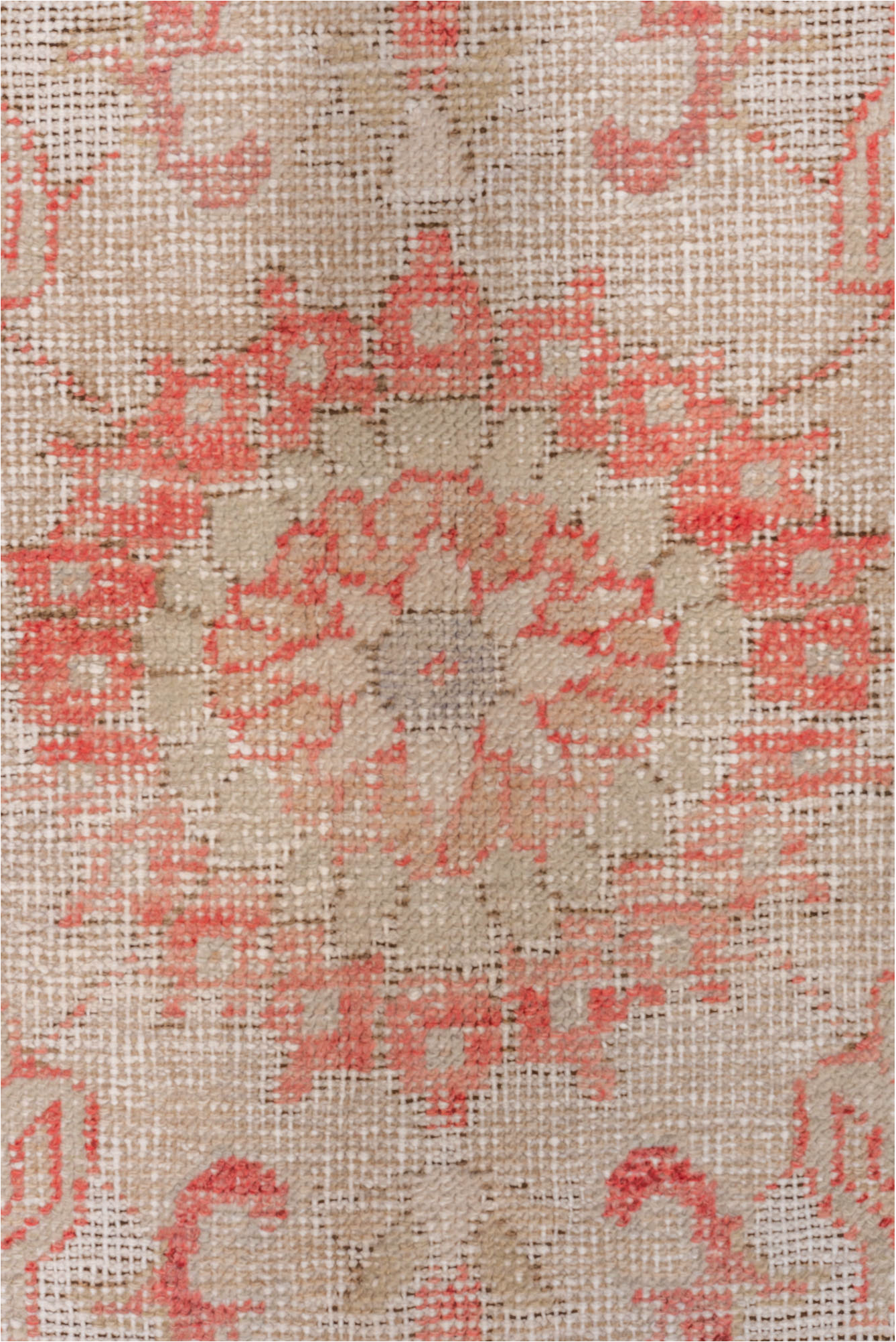 5' x 9' one-of-a-kind handmade vintage Oushak medium size rug. Color palette: gray, light gray, off-white, pink, red