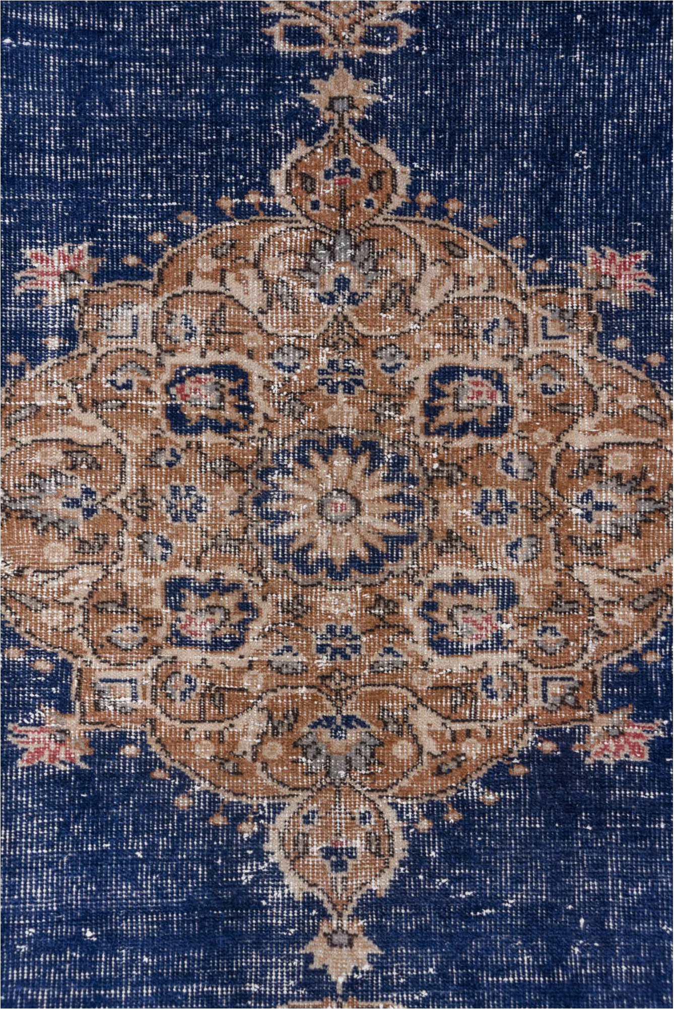 4' x 6' one-of-a-kind handmade vintage Oushak small size rug. Color palette: blue, brown, fiord, gray, light gray, off-white