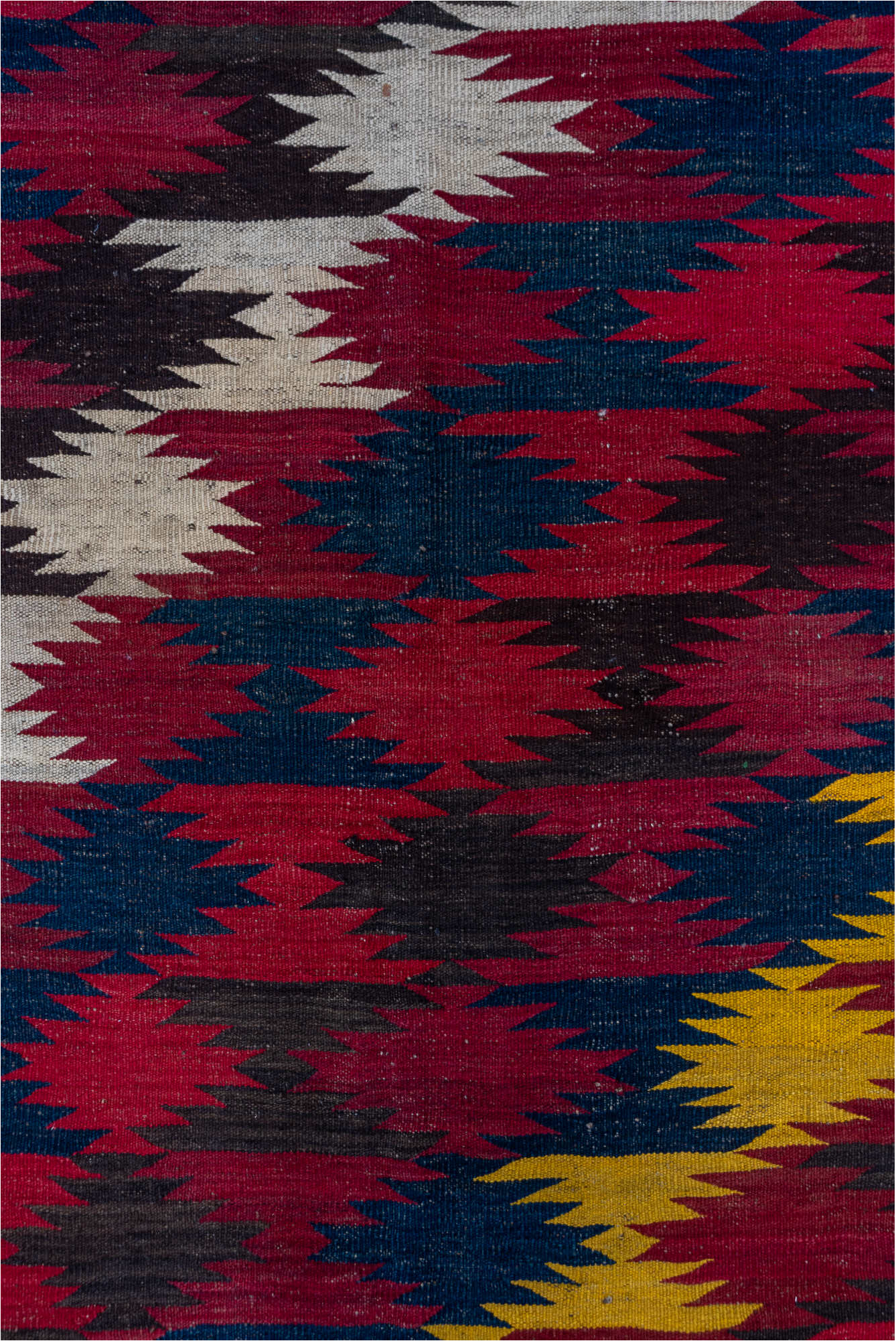 6' x 9' one-of-a-kind handmade vintage Kilim medium size rug. Color palette: black, brown, gray, pink, red