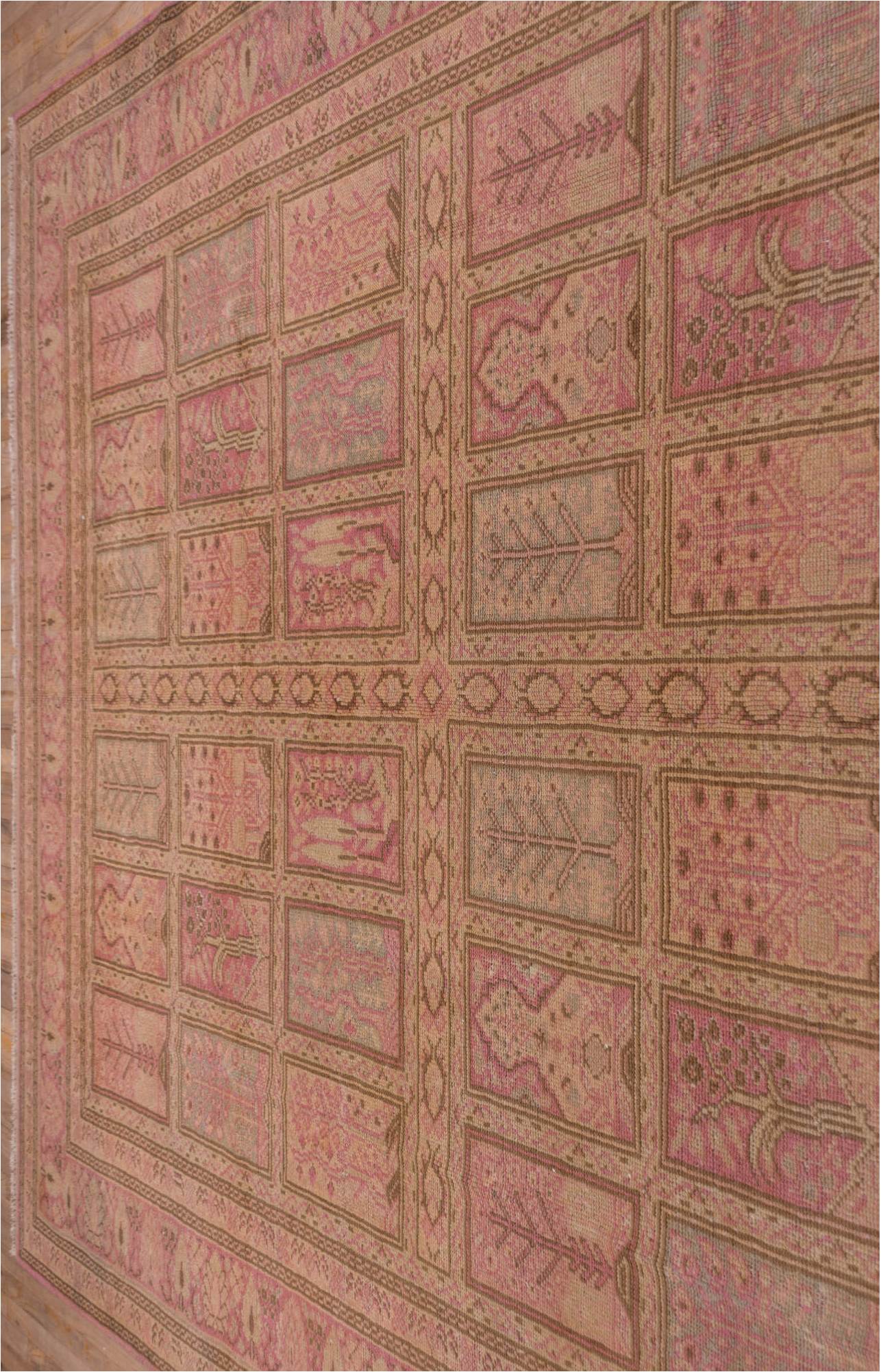 8' x 12' one-of-a-kind handmade vintage Oushak large size rug. Color palette: brown, pink, red, redwood